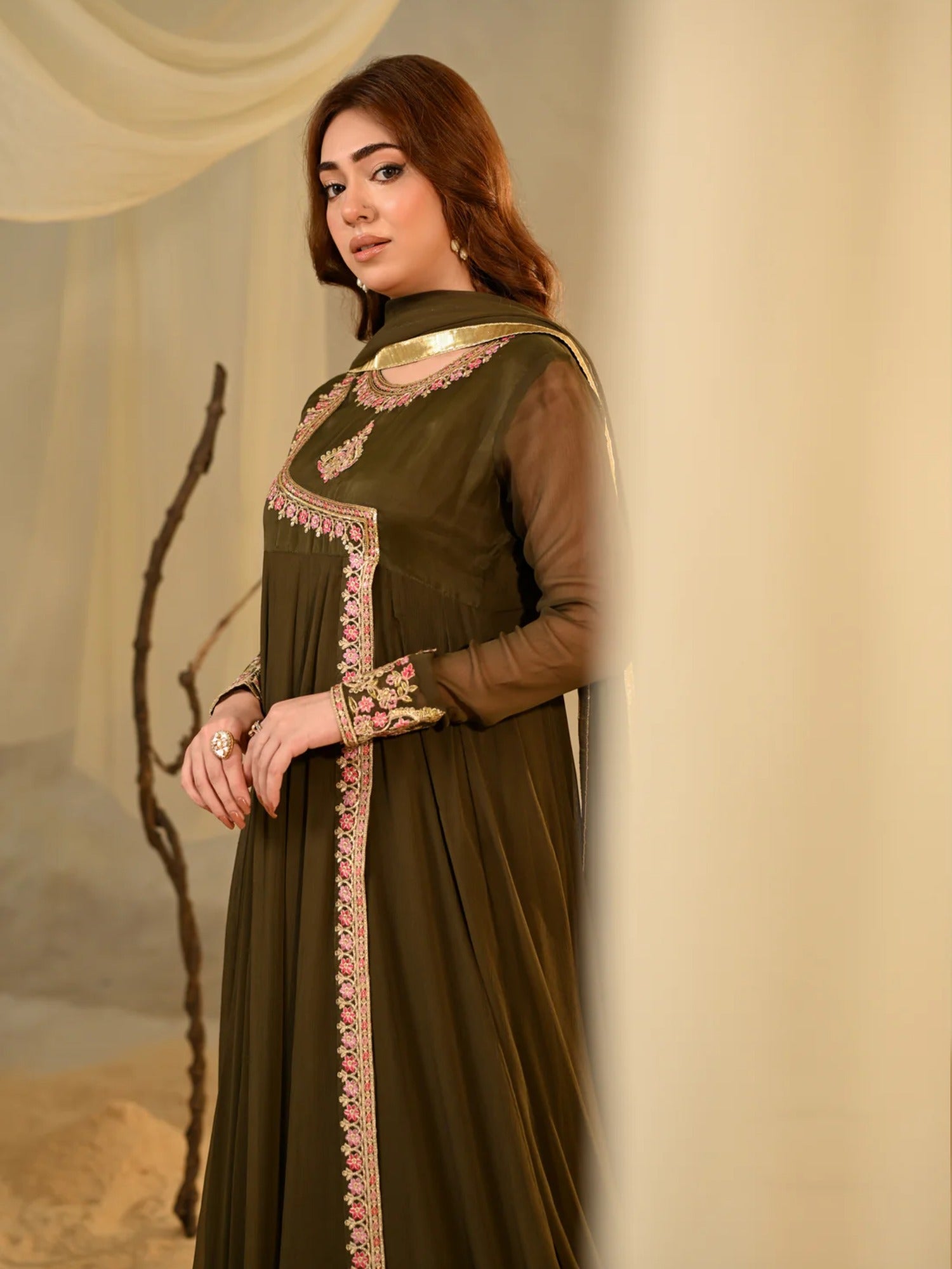 Olive Hani & Umaima Chiffon Embroidered Stitched 2-Piece Suit-Zohrish