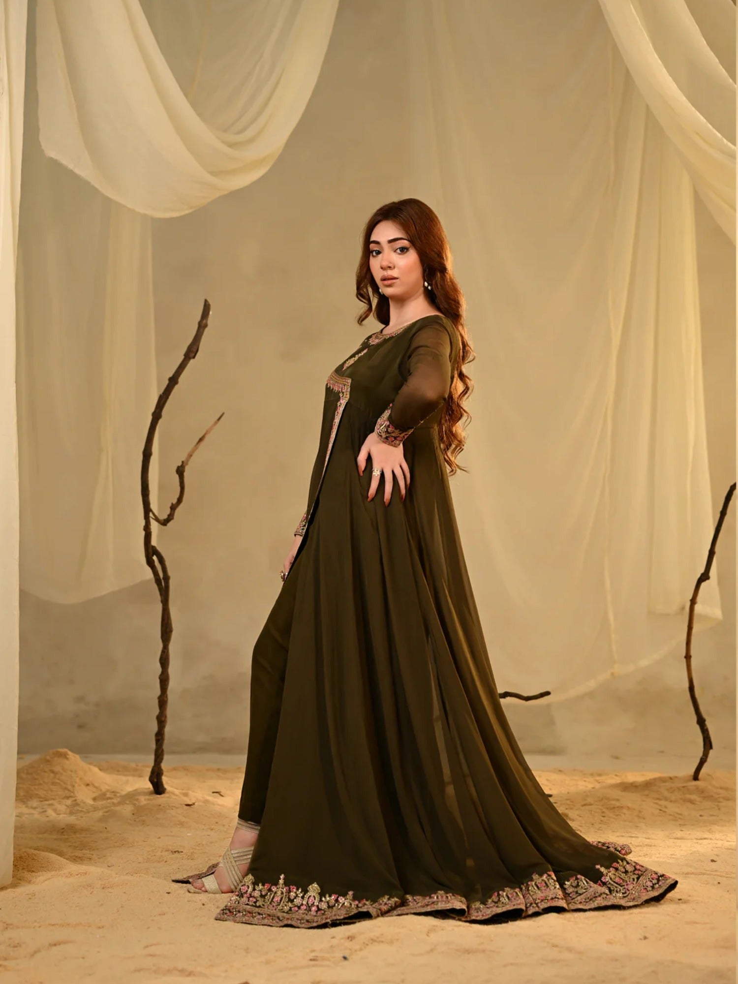 Olive Hani & Umaima Chiffon Embroidered Stitched 2-Piece Suit-Zohrish