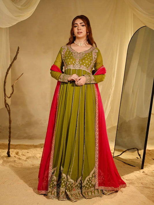 Green Hani & Umaima Chiffon Embroidered Stitched 2-Piece Suit-Nashmiya