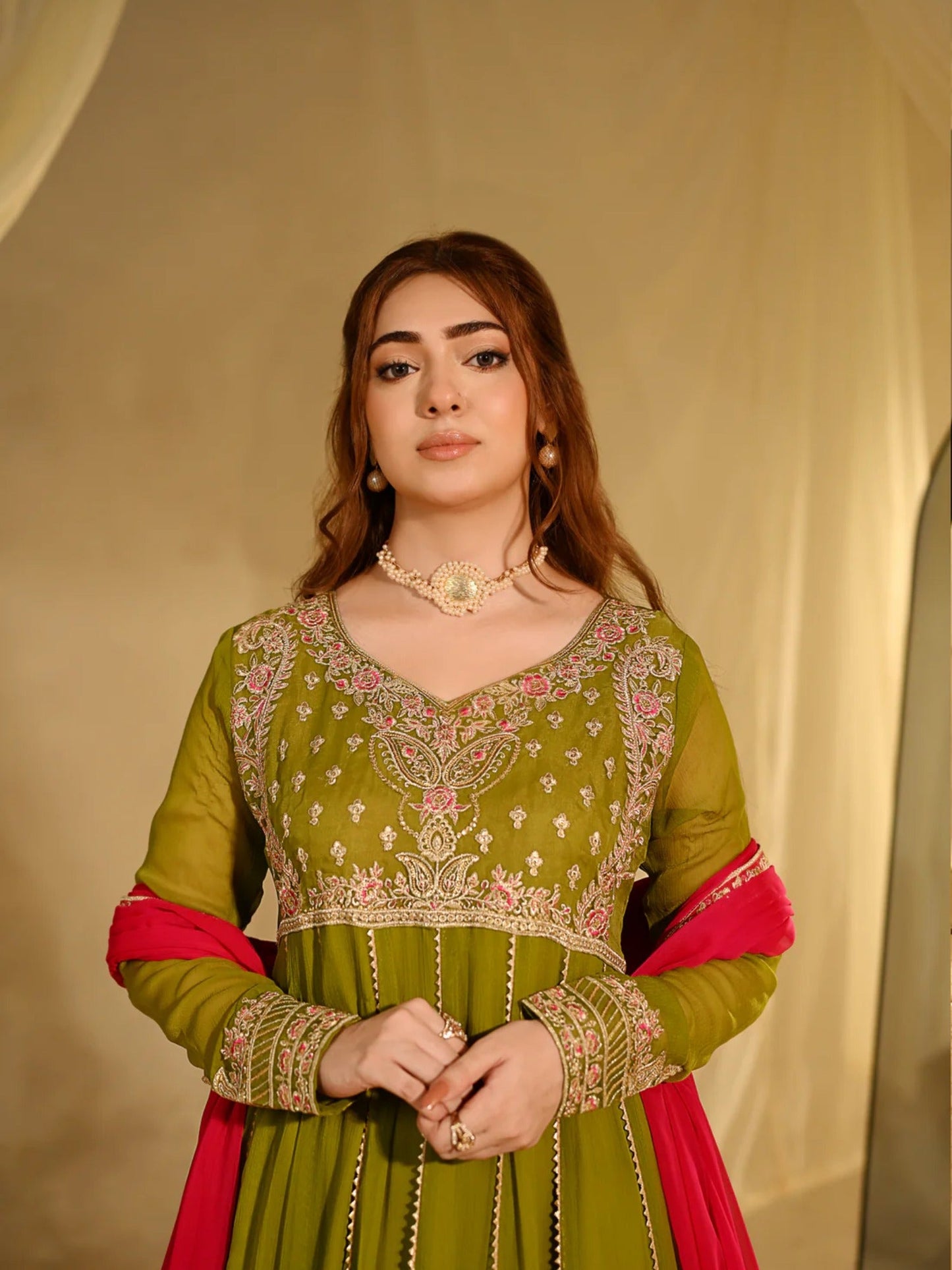 Green Hani & Umaima Chiffon Embroidered Stitched 2-Piece Suit-Nashmiya