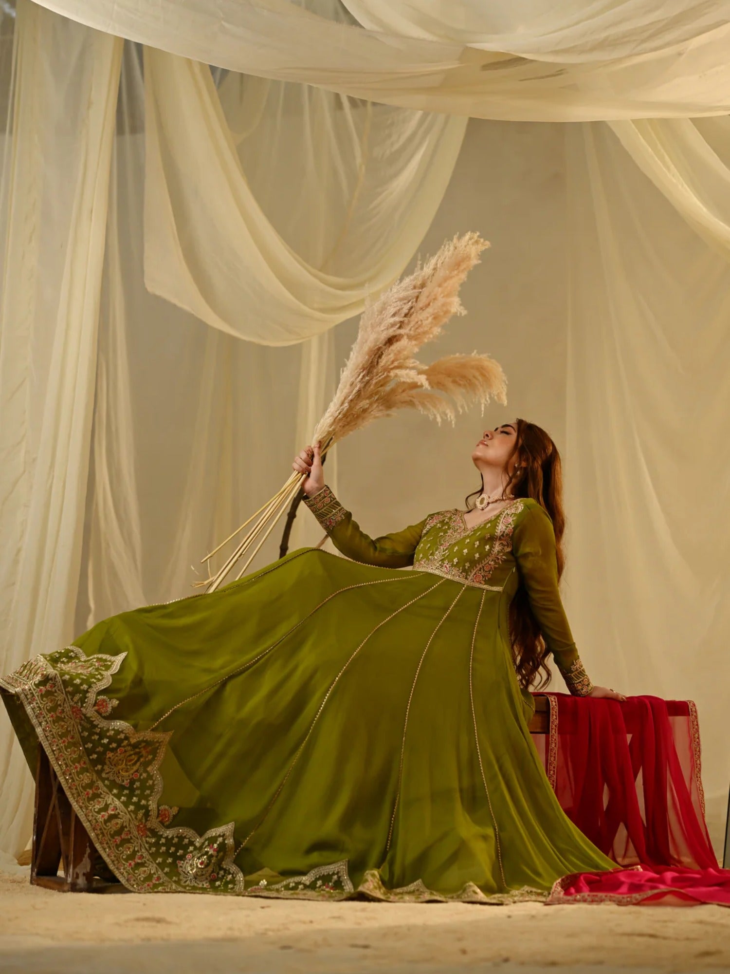 Green Hani & Umaima Chiffon Embroidered Stitched 2-Piece Suit-Nashmiya