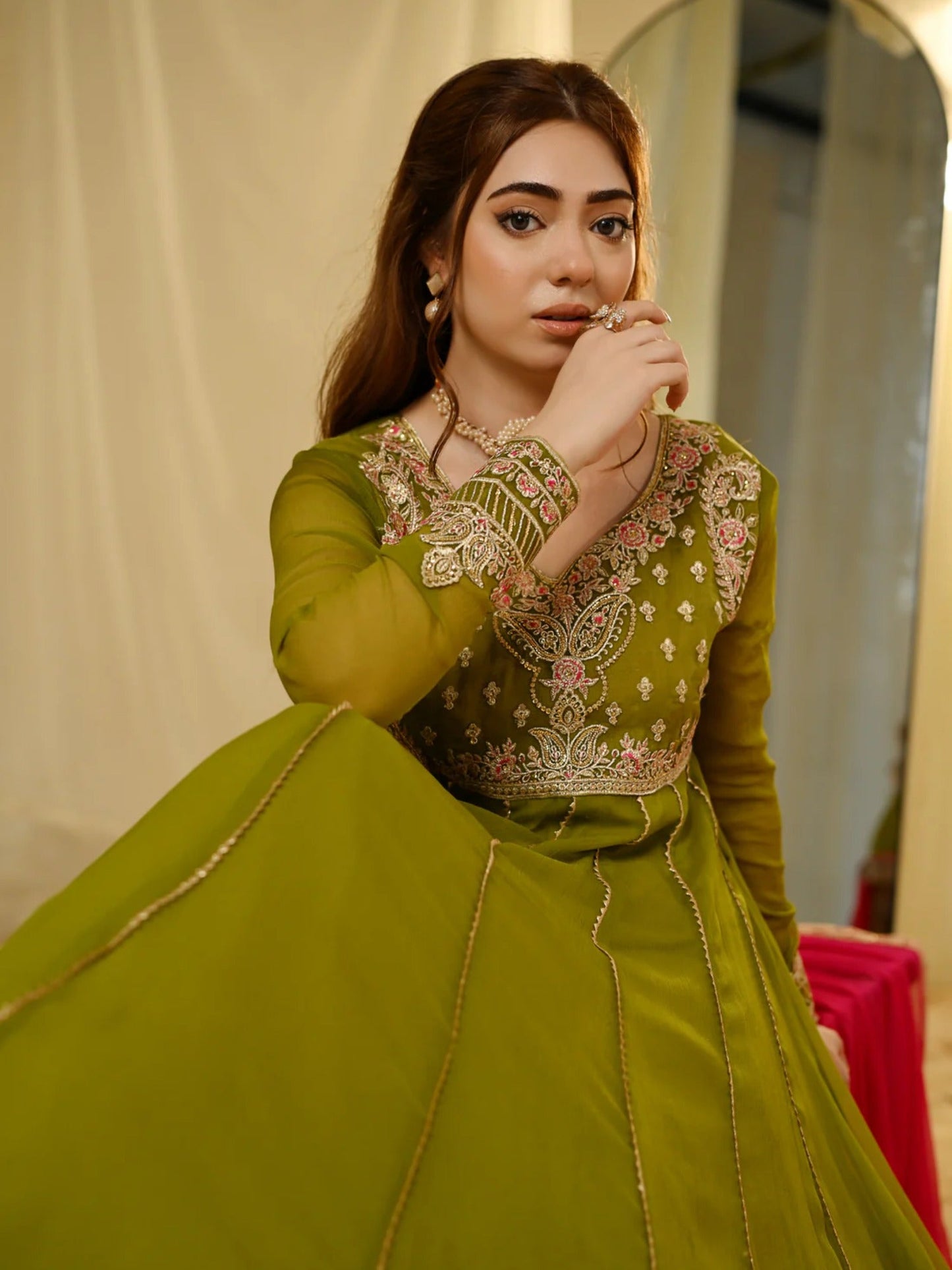 Green Hani & Umaima Chiffon Embroidered Stitched 2-Piece Suit-Nashmiya