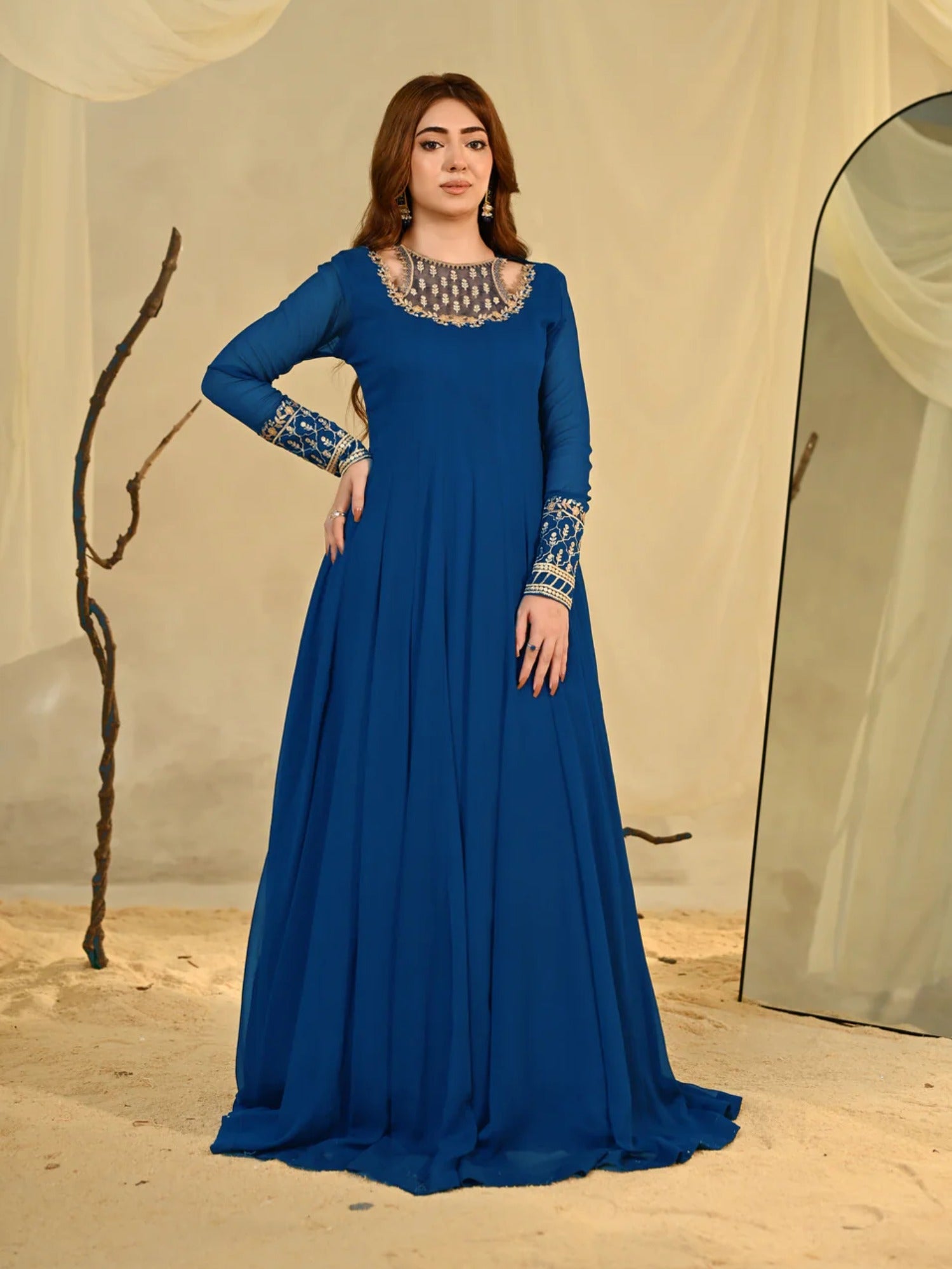 Blue Hani & Umaima Chiffon Embroidered Stitched 2-Piece Suit-Eshal