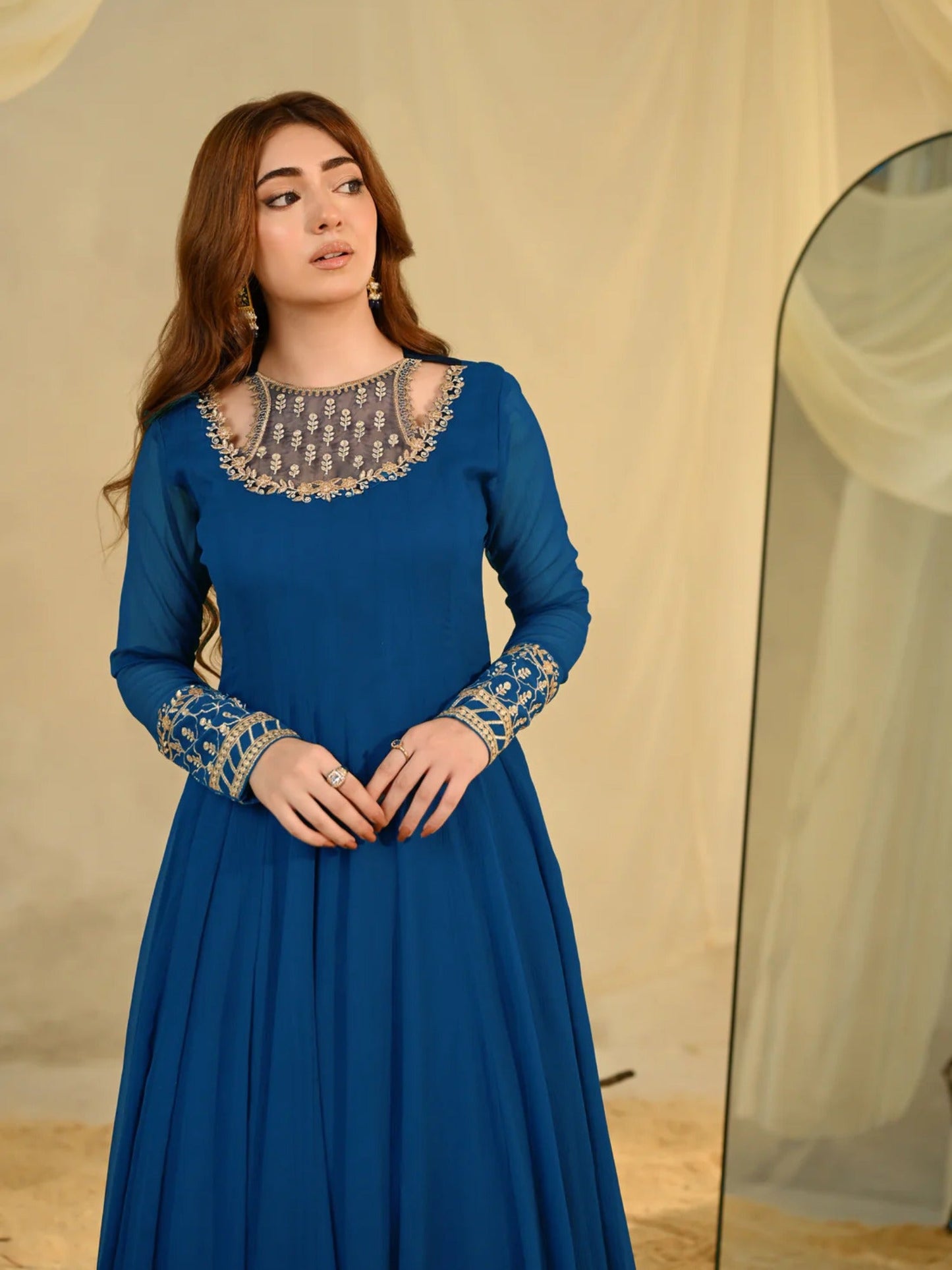 Blue Hani & Umaima Chiffon Embroidered Stitched 2-Piece Suit-Eshal