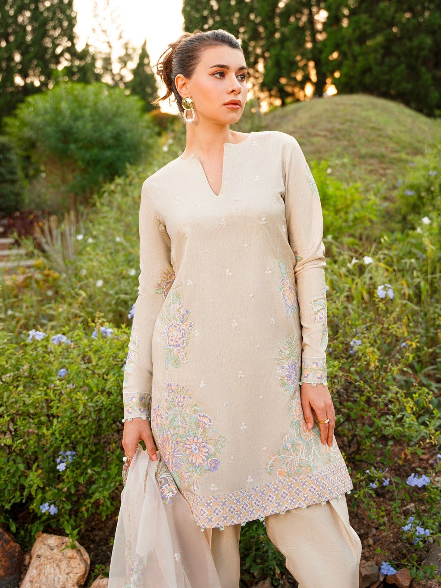 Ivory-Enzo Leia Silk Pret  Korean Raw Silk Embroidered Stitched 3-Piece Suit-Iris