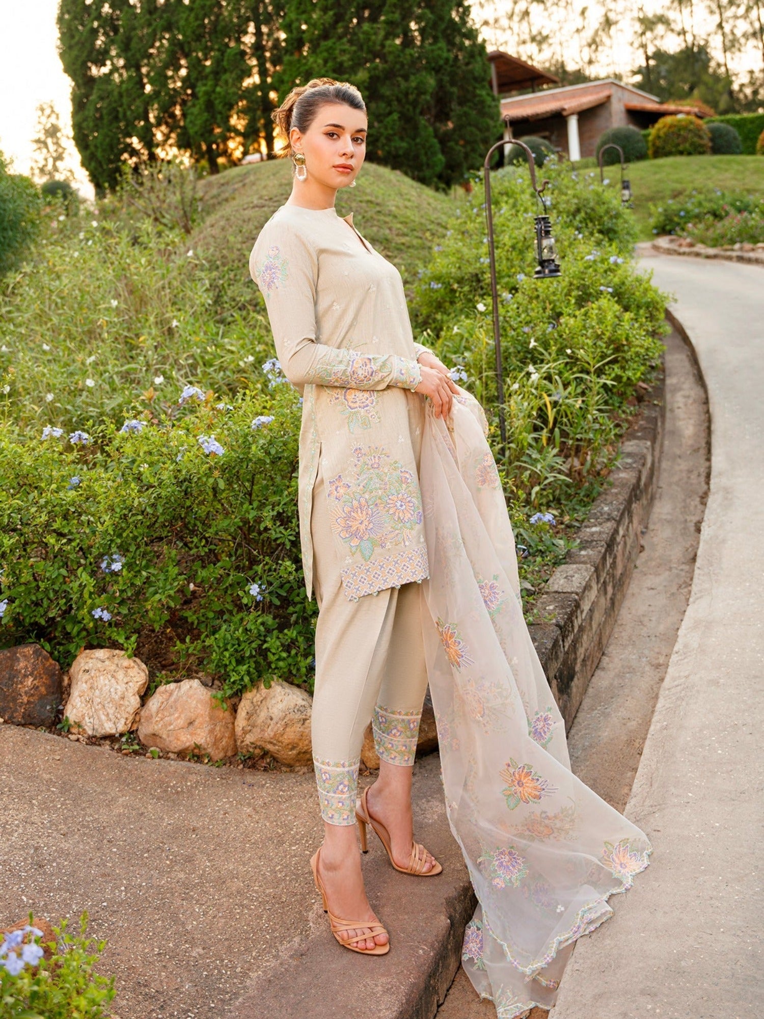 Ivory-Enzo Leia Silk Pret  Korean Raw Silk Embroidered Stitched 3-Piece Suit-Iris