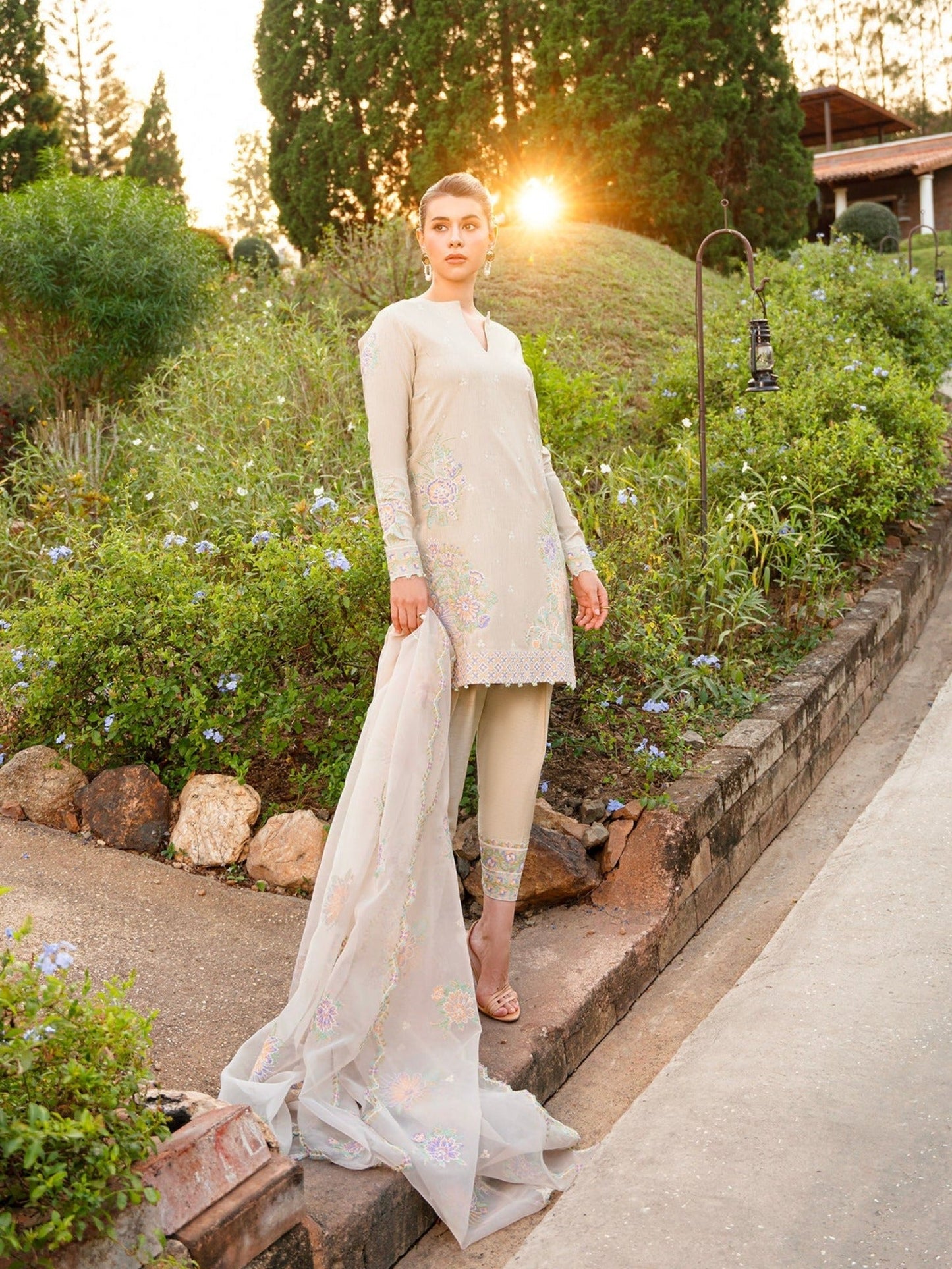 Ivory-Enzo Leia Silk Pret  Korean Raw Silk Embroidered Stitched 3-Piece Suit-Iris