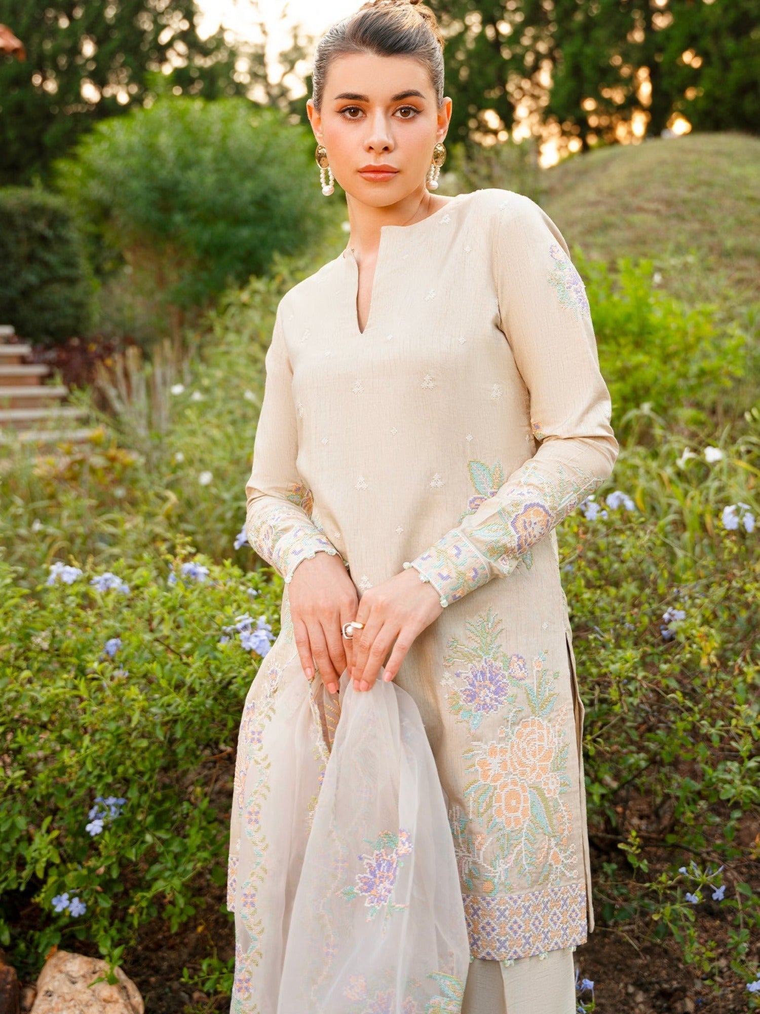 Ivory-Enzo Leia Silk Pret  Korean Raw Silk Embroidered Stitched 3-Piece Suit-Iris
