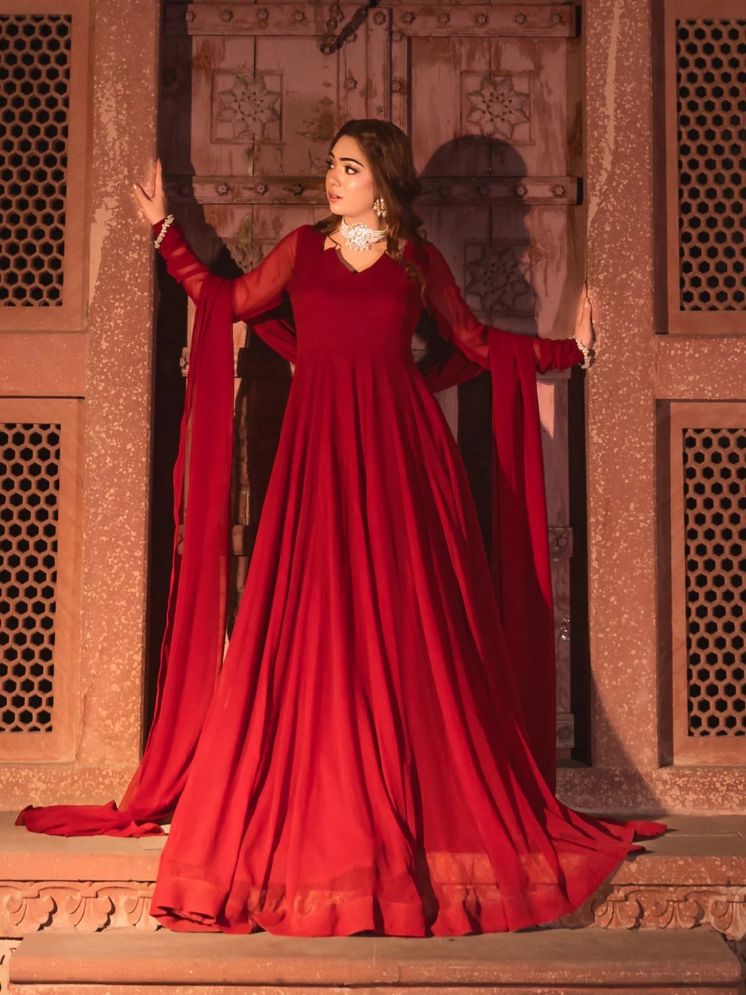 Maroon Hani & Umaima Chiffon Stitched 2-Piece Suit-Soha