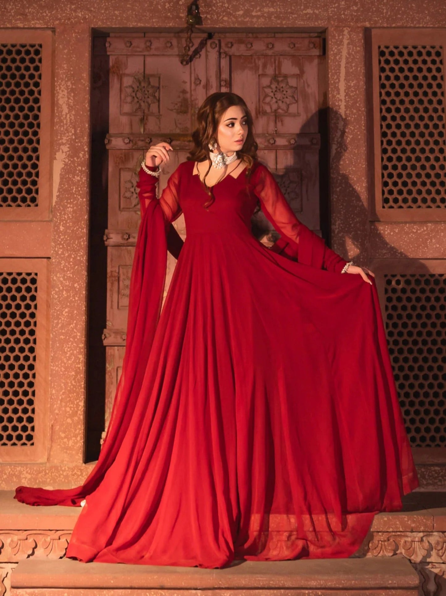 Maroon Hani & Umaima Chiffon Stitched 2-Piece Suit-Soha