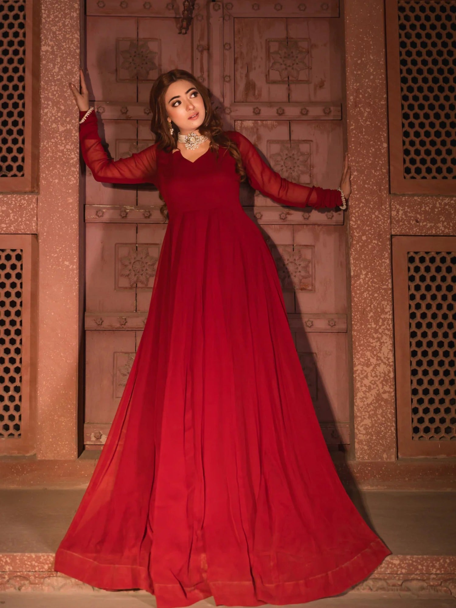 Maroon Hani & Umaima Chiffon Stitched 2-Piece Suit-Soha