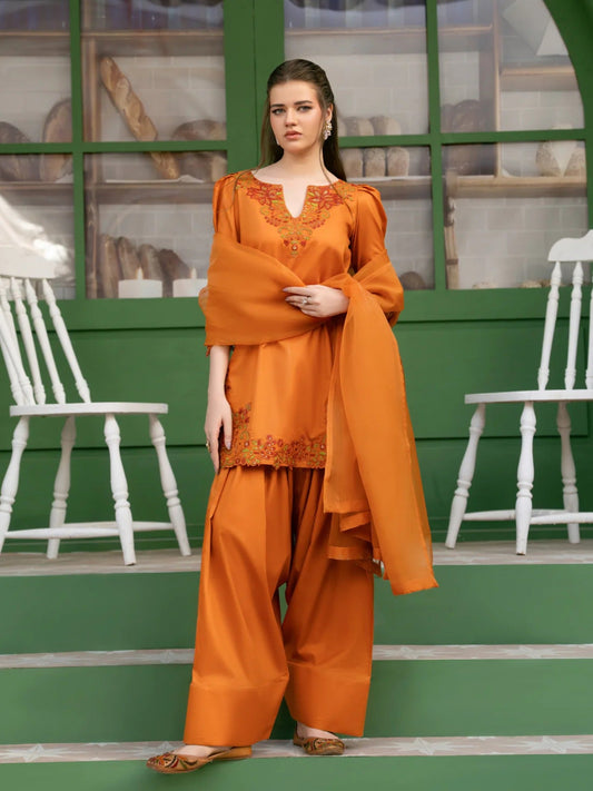 Hani & Umaima Cotton Embroidered Stitched 3-Piece Suit-Zeen
