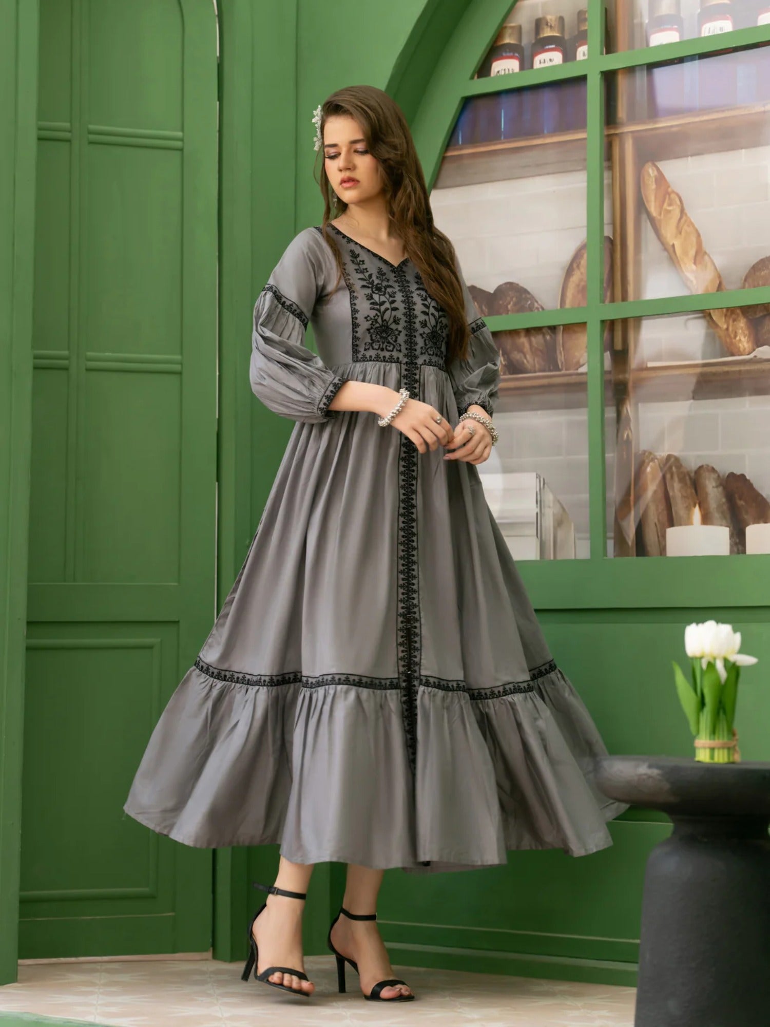 Grey Hani & Umaima Cotton Embroidered Stitched 1-Piece-Emma