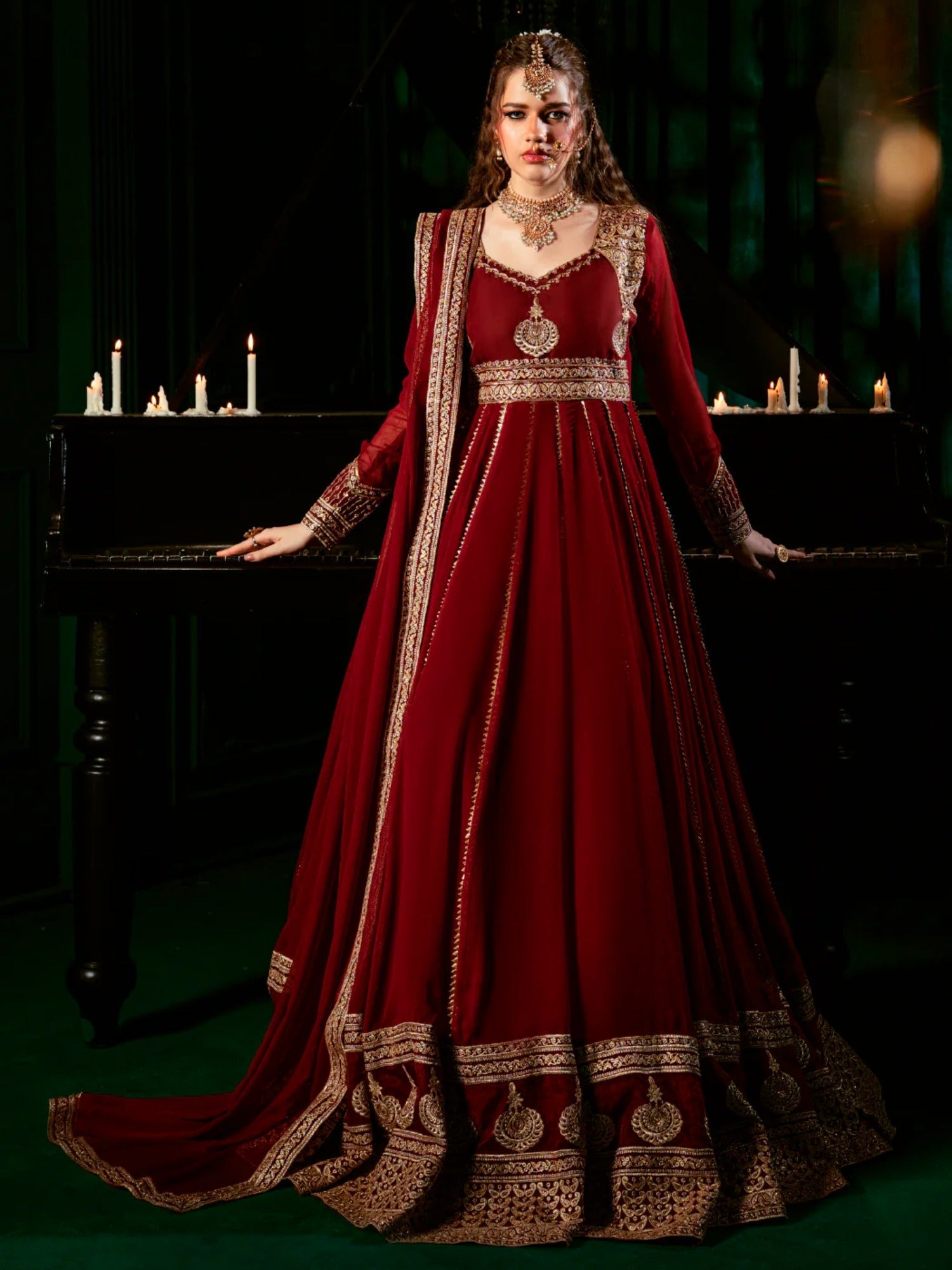 Maroon Hani & Umaima Chiffon Embroidered Stitched 2-Piece Suit-Noore