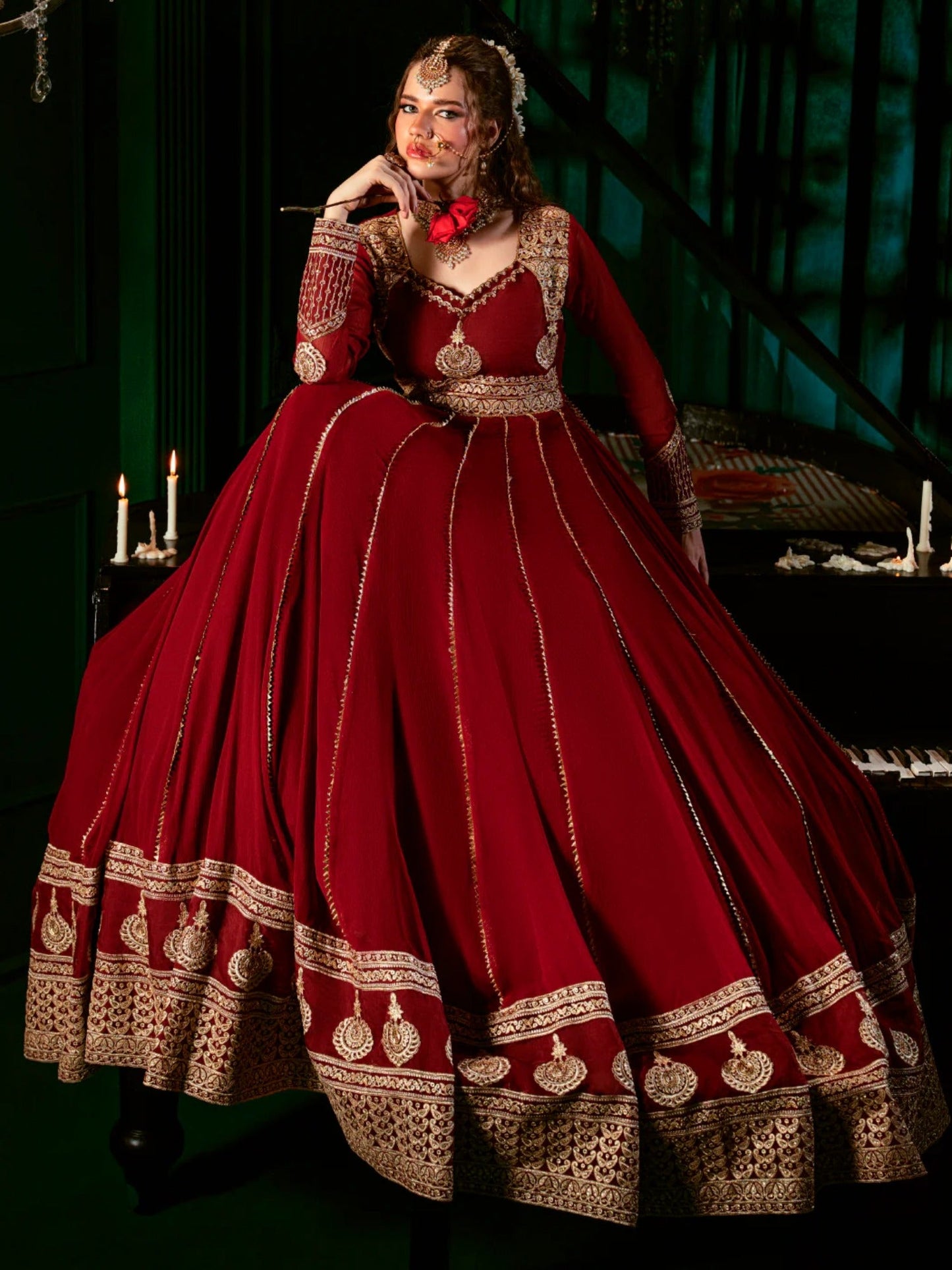 Maroon Hani & Umaima Chiffon Embroidered Stitched 2-Piece Suit-Noore