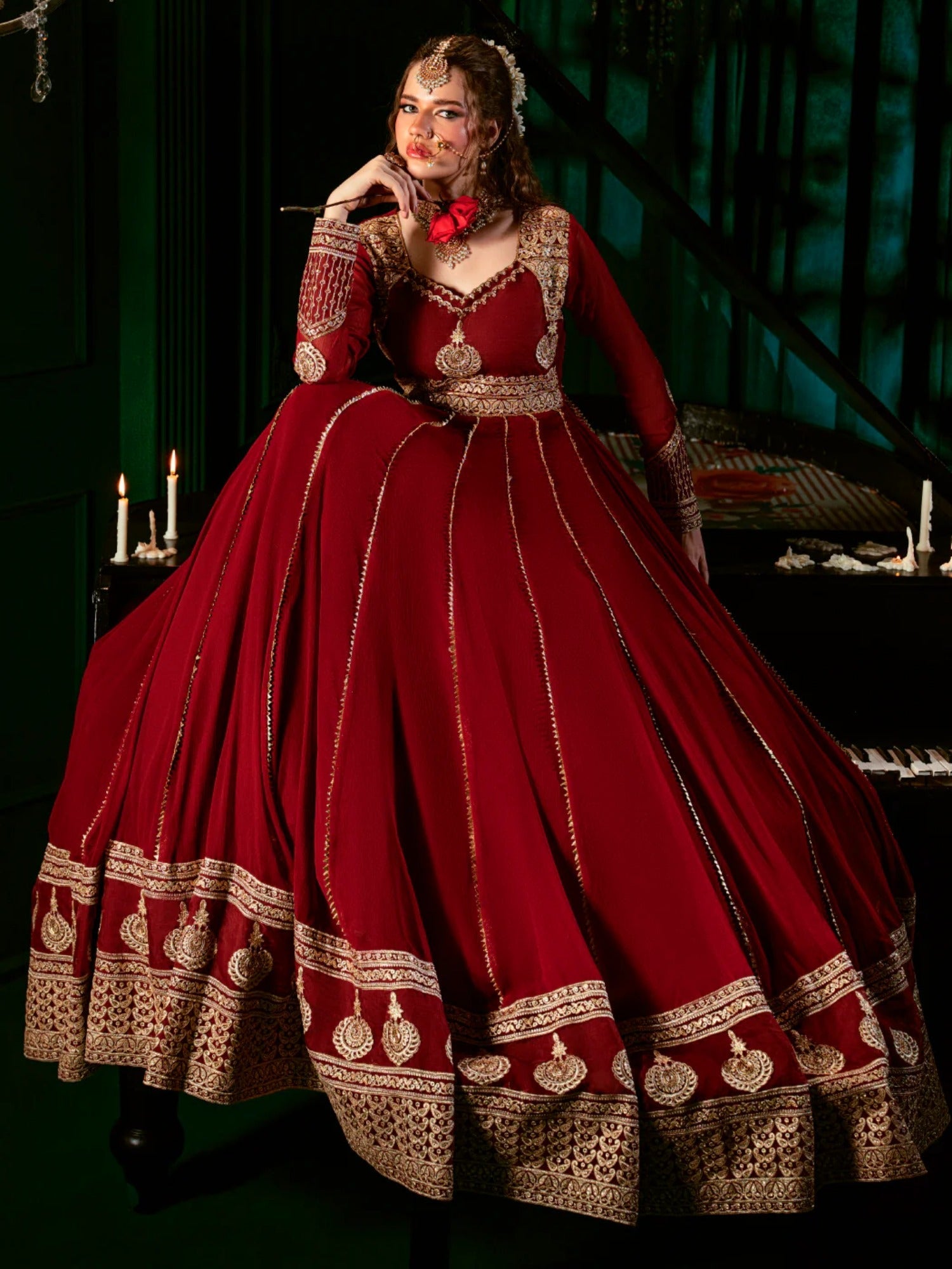 Maroon Hani & Umaima Chiffon Embroidered Stitched 2-Piece Suit-Noore