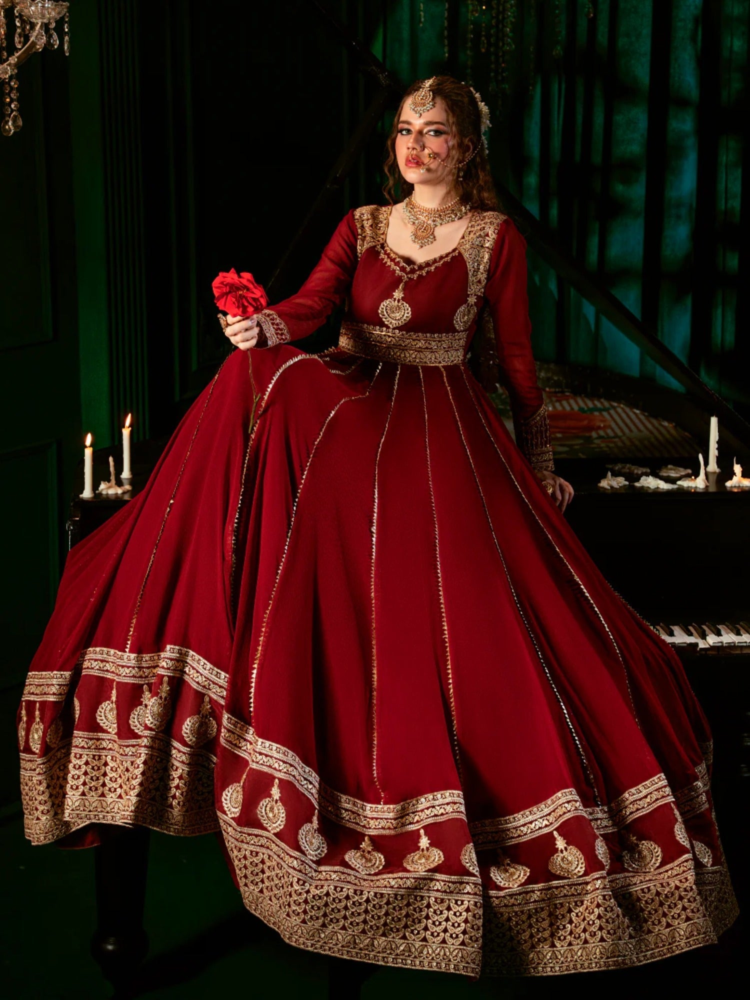 Maroon Hani & Umaima Chiffon Embroidered Stitched 2-Piece Suit-Noore