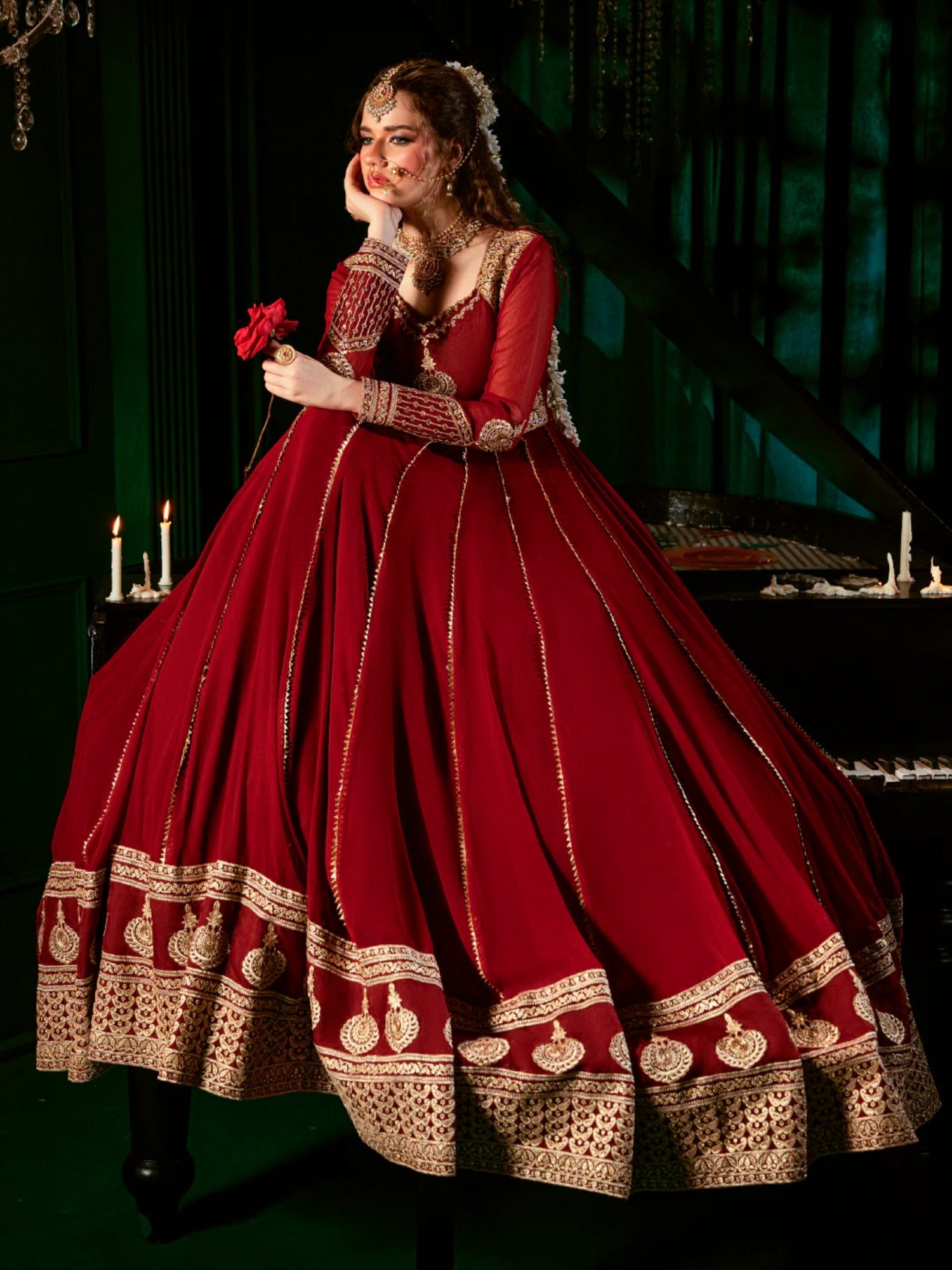 Maroon Hani & Umaima Chiffon Embroidered Stitched 2-Piece Suit-Noore