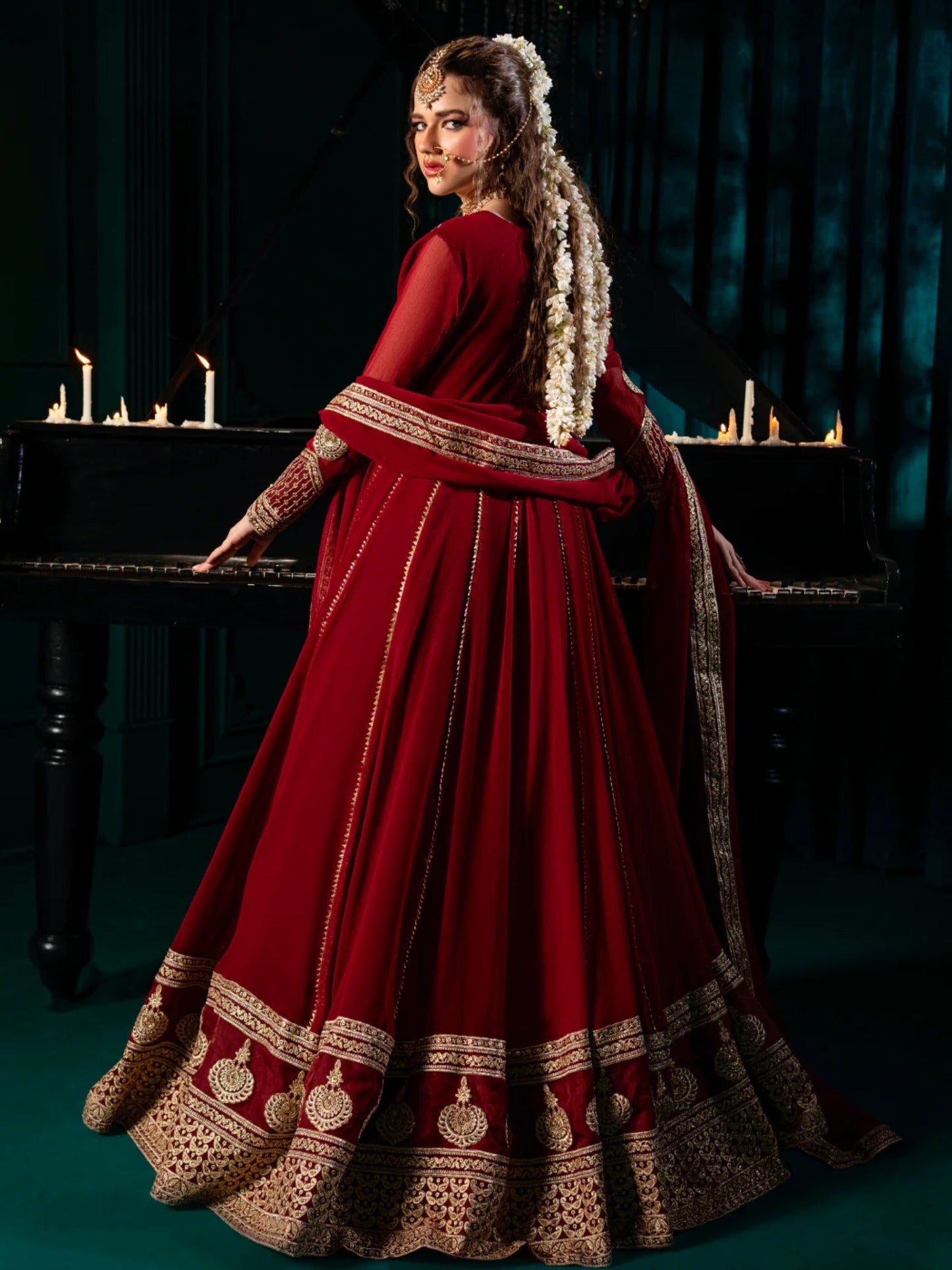 Maroon Hani & Umaima Chiffon Embroidered Stitched 2-Piece Suit-Noore