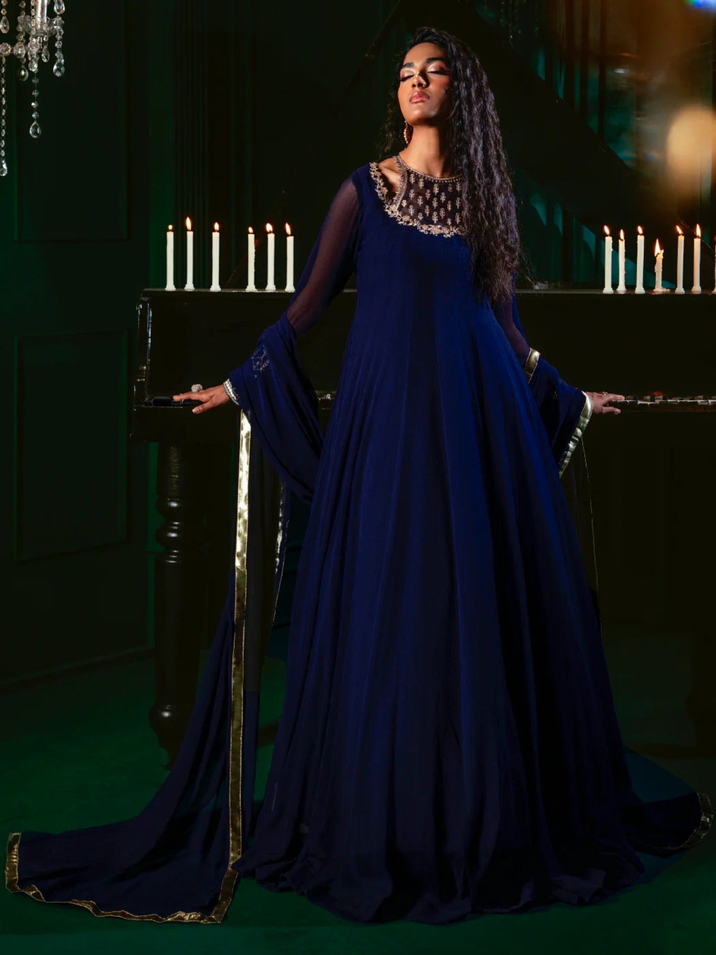 Blue Hani & Umaima Chiffon Embroidered Stitched 2-Piece Suit-Dua