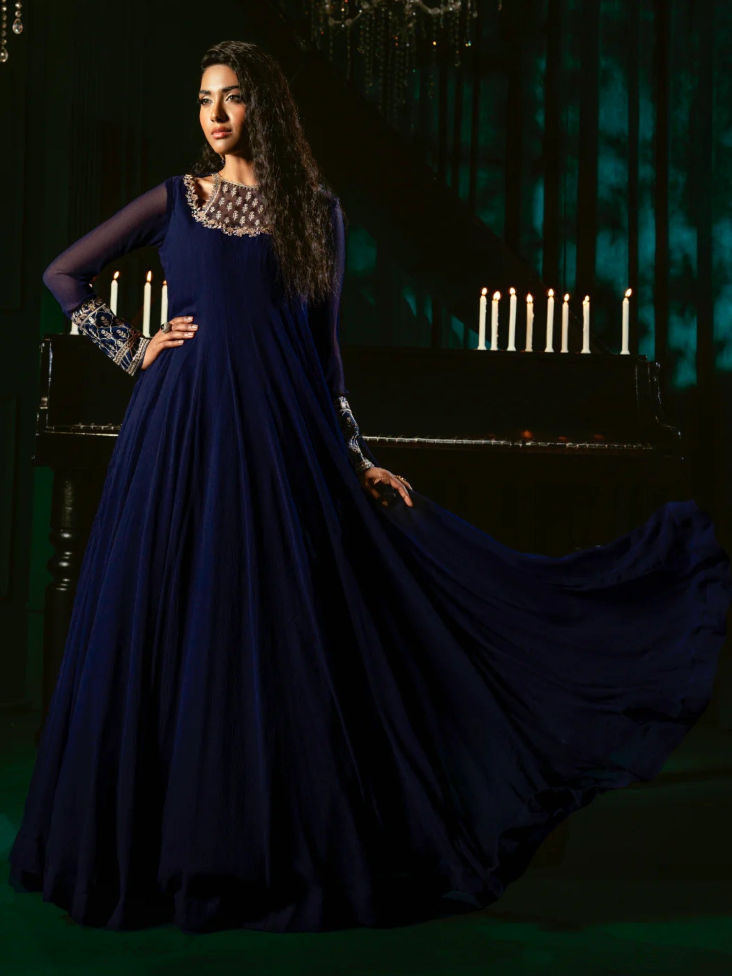 Blue Hani & Umaima Chiffon Embroidered Stitched 2-Piece Suit-Dua