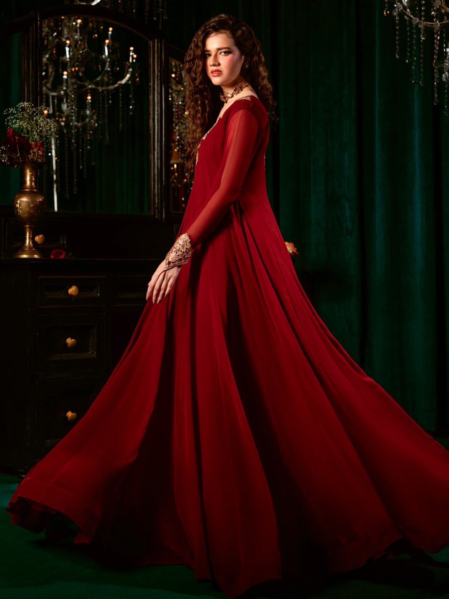 Maroon Hani & Umaima Chiffon Embroidered Stitched 2-Piece Suit-Zeba