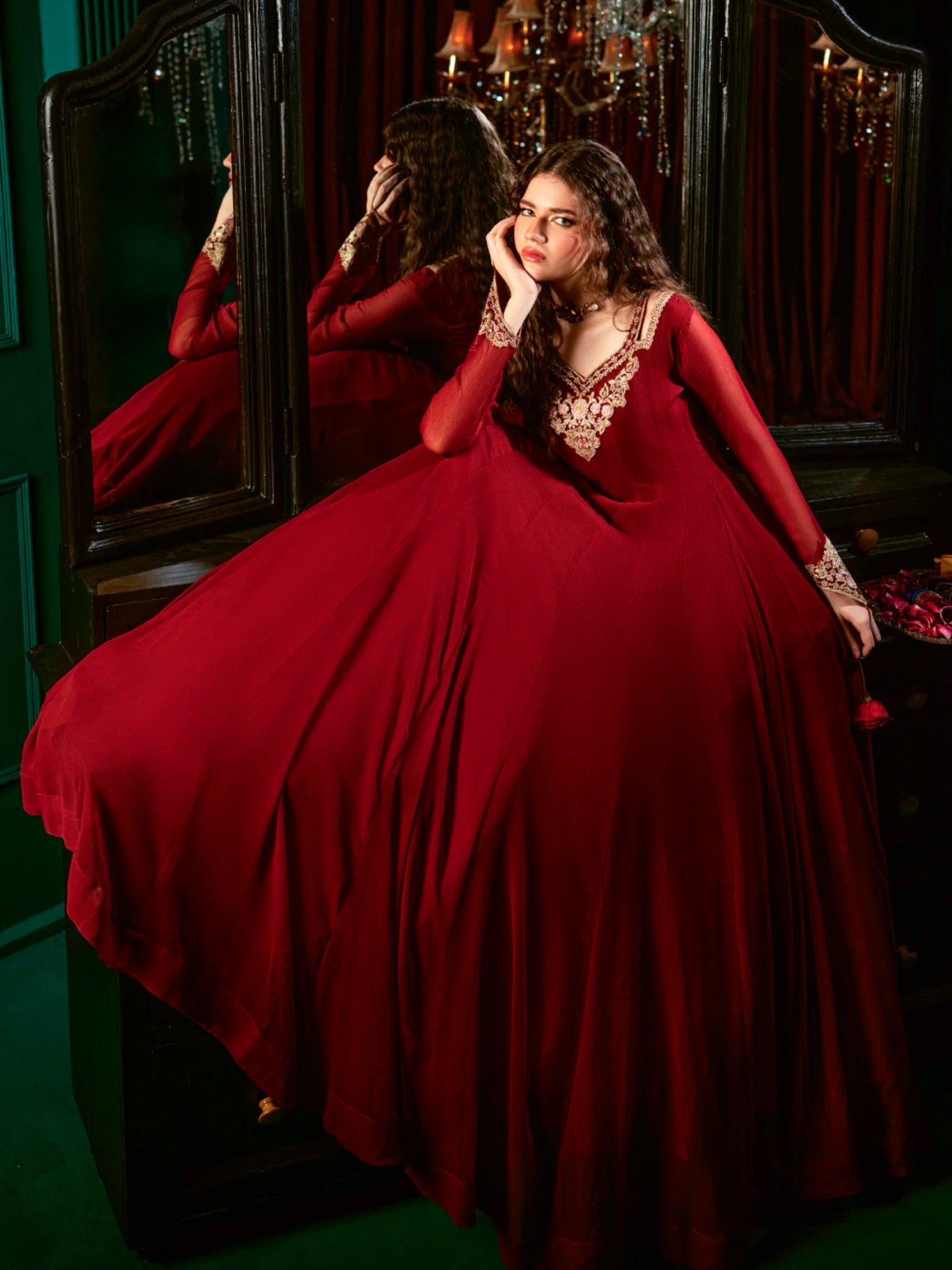 Maroon Hani & Umaima Chiffon Embroidered Stitched 2-Piece Suit-Zeba