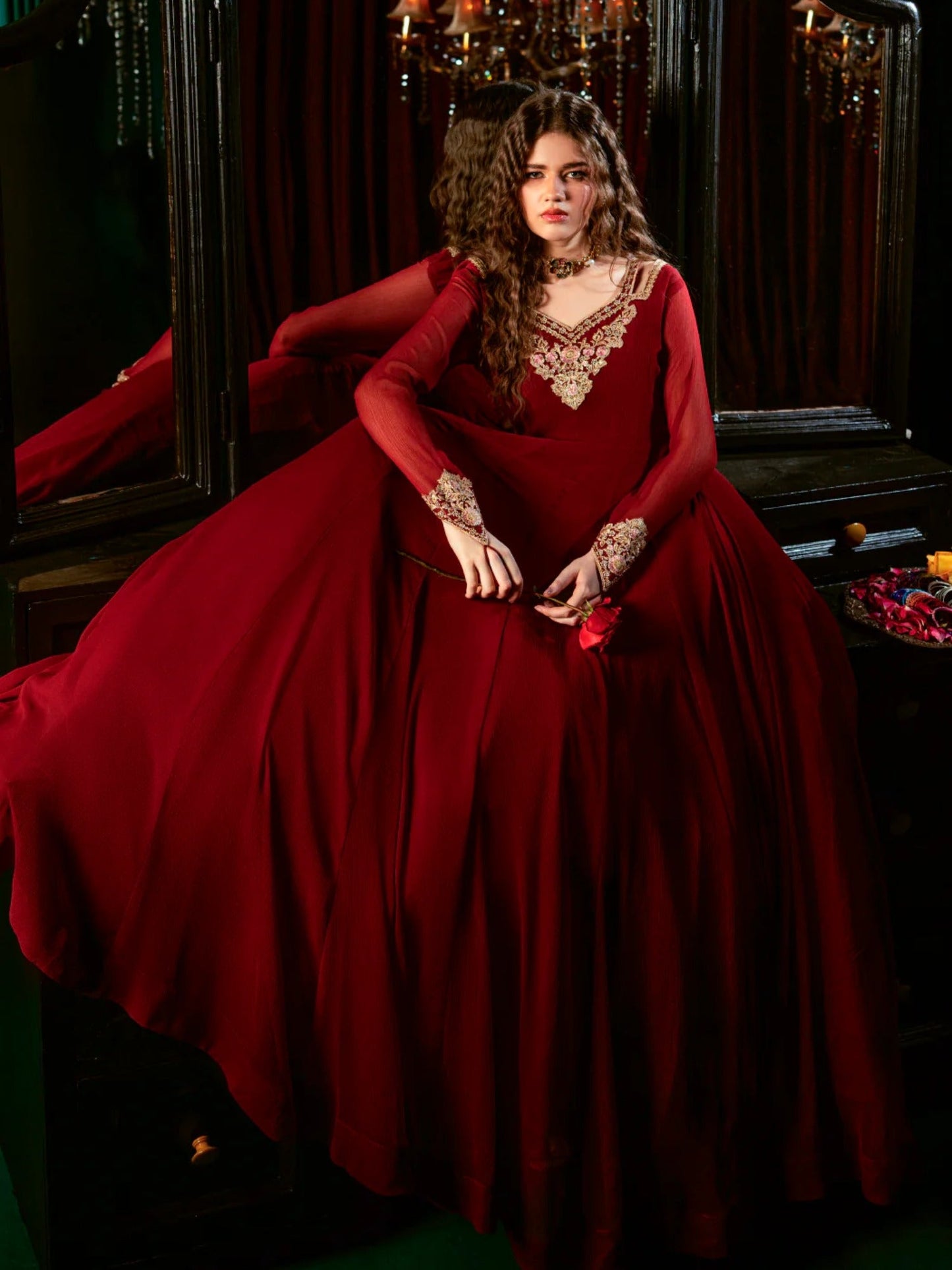 Maroon Hani & Umaima Chiffon Embroidered Stitched 2-Piece Suit-Zeba