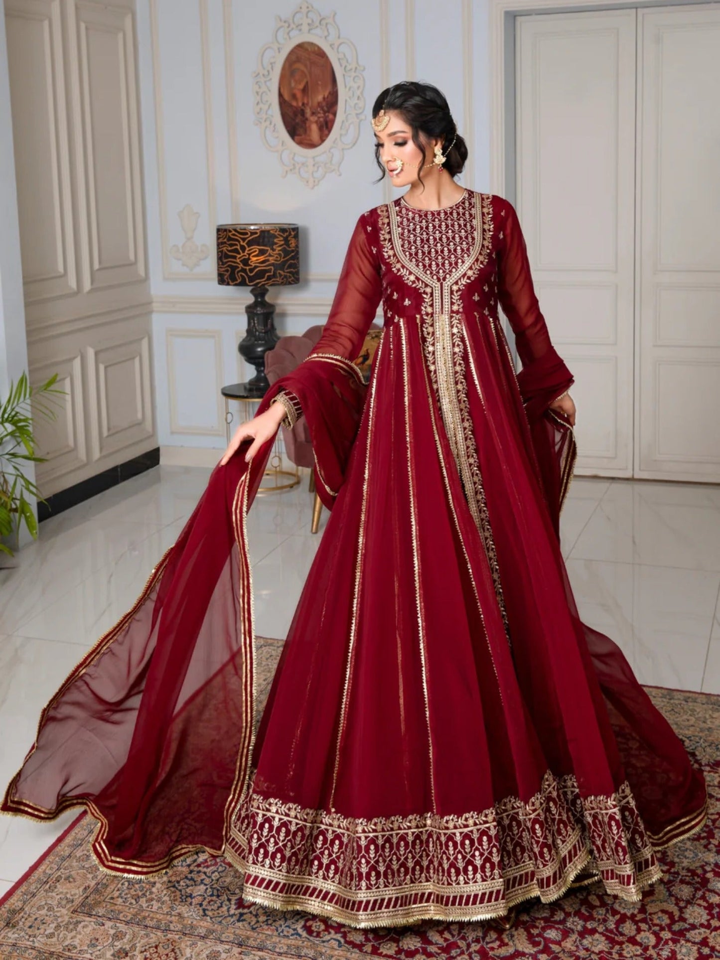 Maroon Hani & Umaima Chiffon Embroidered Stitched 2-Piece Suit-Sindori