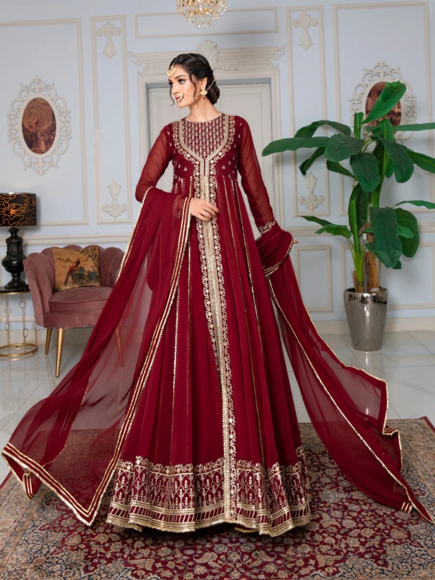 Maroon Hani & Umaima Chiffon Embroidered Stitched 2-Piece Suit-Sindori
