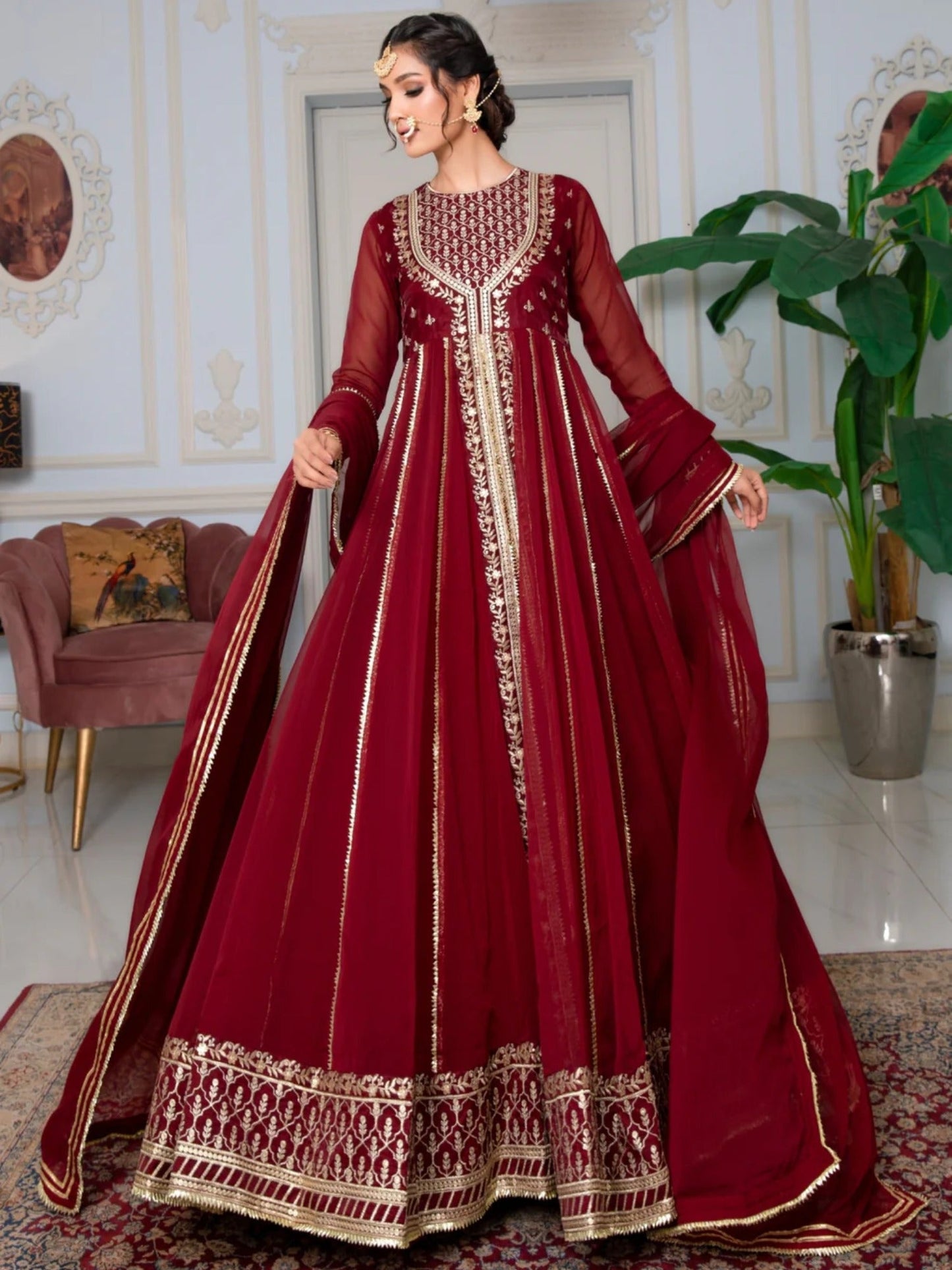 Maroon Hani & Umaima Chiffon Embroidered Stitched 2-Piece Suit-Sindori