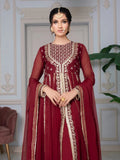 Maroon Hani & Umaima Chiffon Embroidered Stitched 2-Piece Suit-Sindori