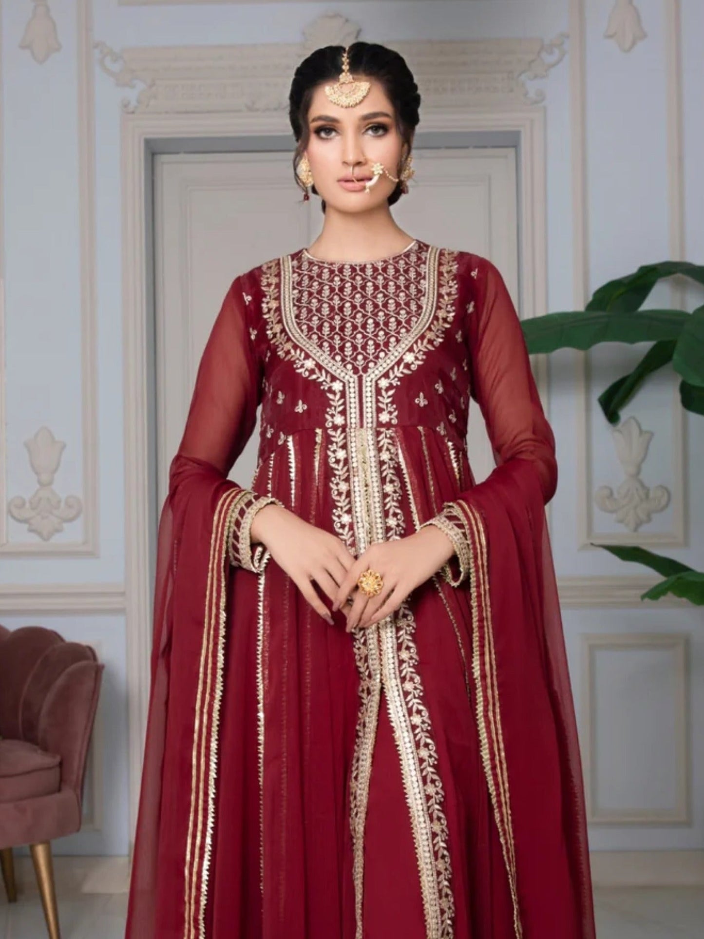 Maroon Hani & Umaima Chiffon Embroidered Stitched 2-Piece Suit-Sindori