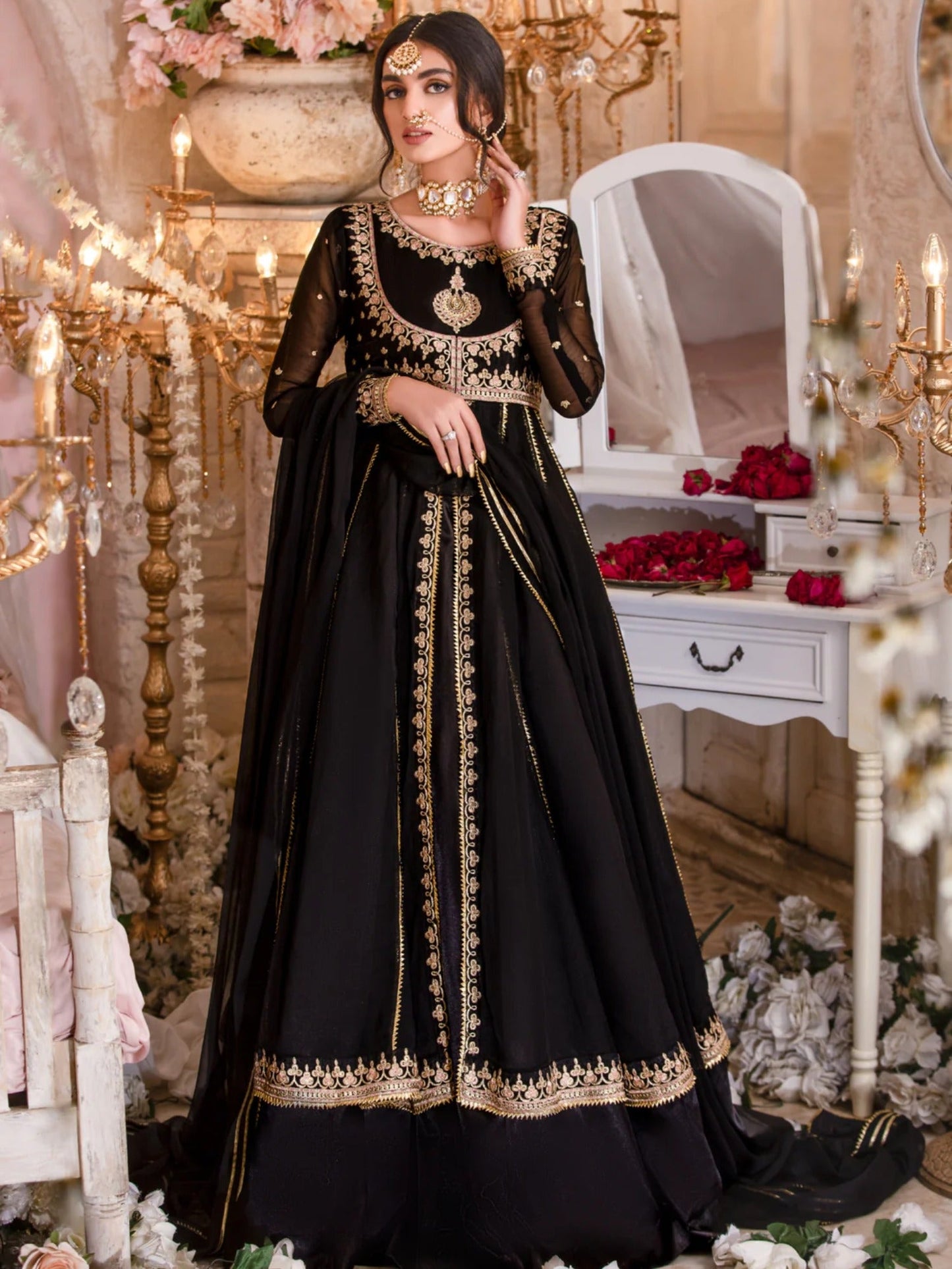 Black Hani & Umaima Chiffon Embroidered Stitched 2-Piece Suit-Mastaani