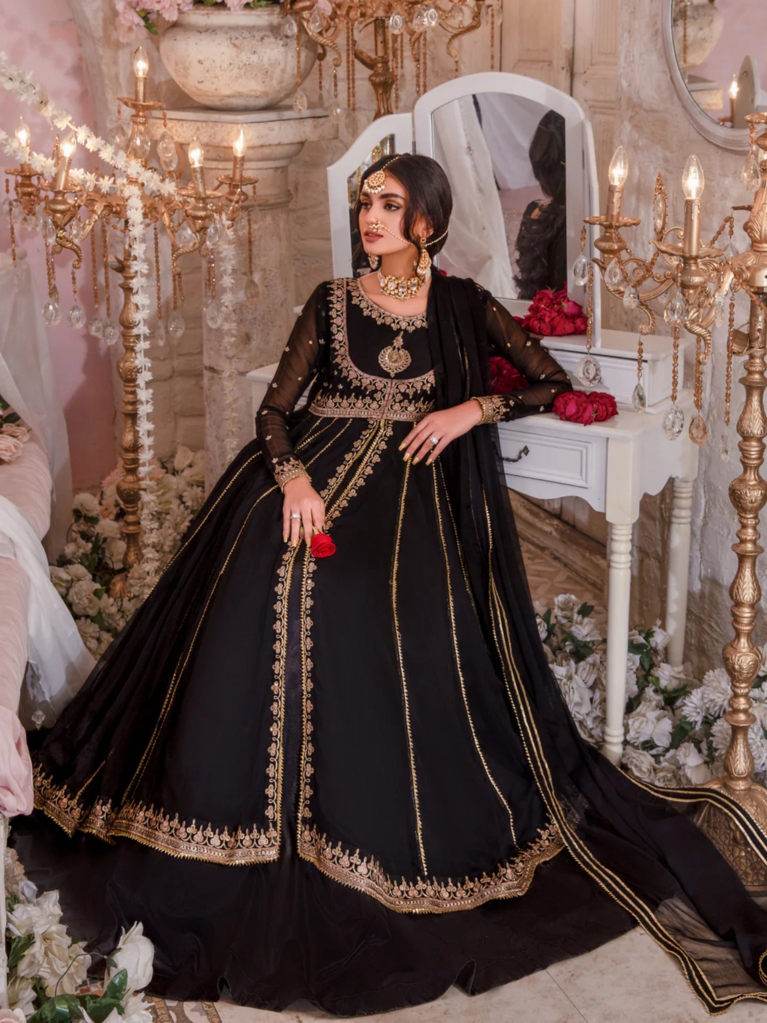 Black Hani & Umaima Chiffon Embroidered Stitched 2-Piece Suit-Mastaani