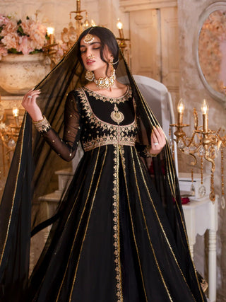 Black Hani & Umaima Chiffon Embroidered Stitched 2 Piece Suit Mastaani