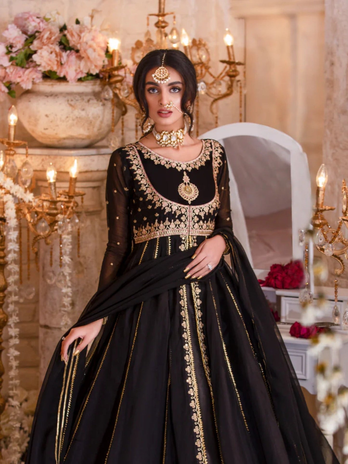 Black Hani & Umaima Chiffon Embroidered Stitched 2-Piece Suit-Mastaani