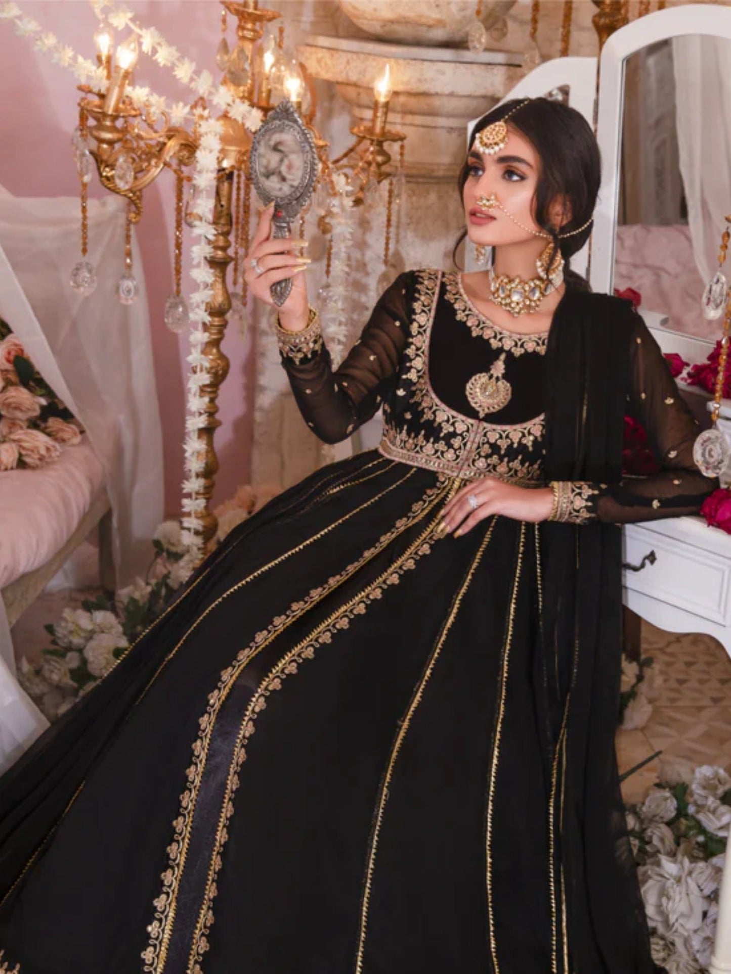 Black Hani & Umaima Chiffon Embroidered Stitched 2-Piece Suit-Mastaani