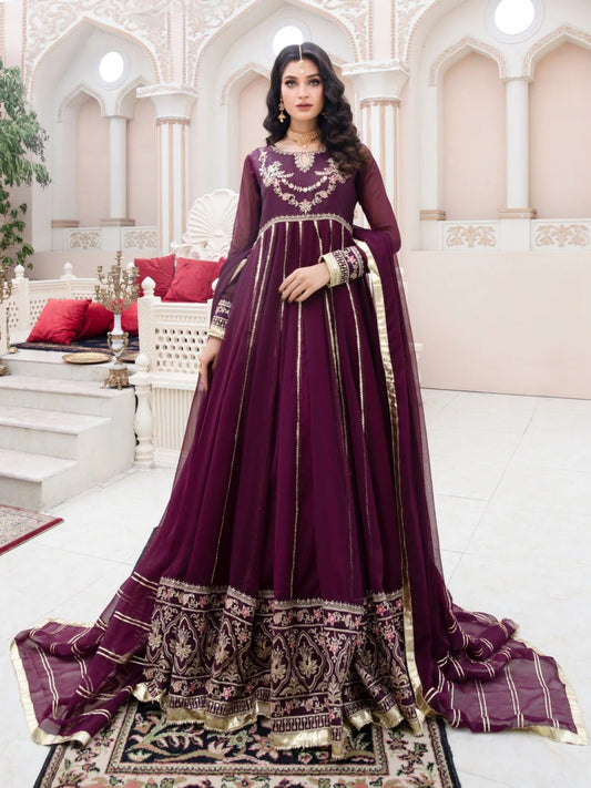 Purple Hani & Umaima Chiffon Embroidered Stitched 2-Piece Suit-Jamni