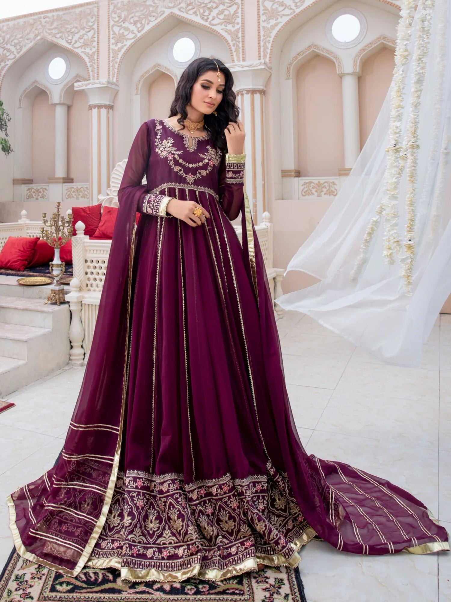 Purple Hani & Umaima Chiffon Embroidered Stitched 2-Piece Suit-Jamni