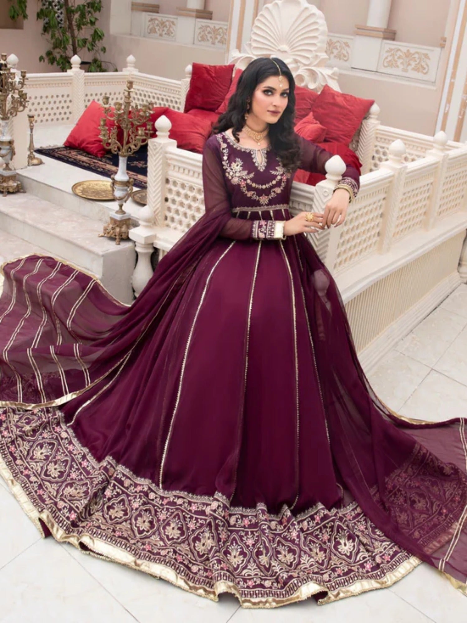 Purple Hani & Umaima Chiffon Embroidered Stitched 2-Piece Suit-Jamni