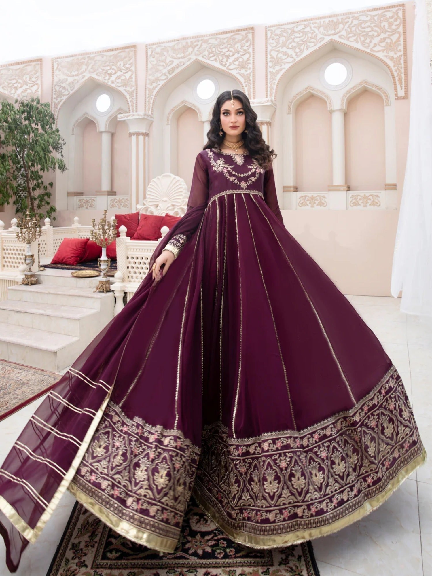 Purple Hani & Umaima Chiffon Embroidered Stitched 2-Piece Suit-Jamni