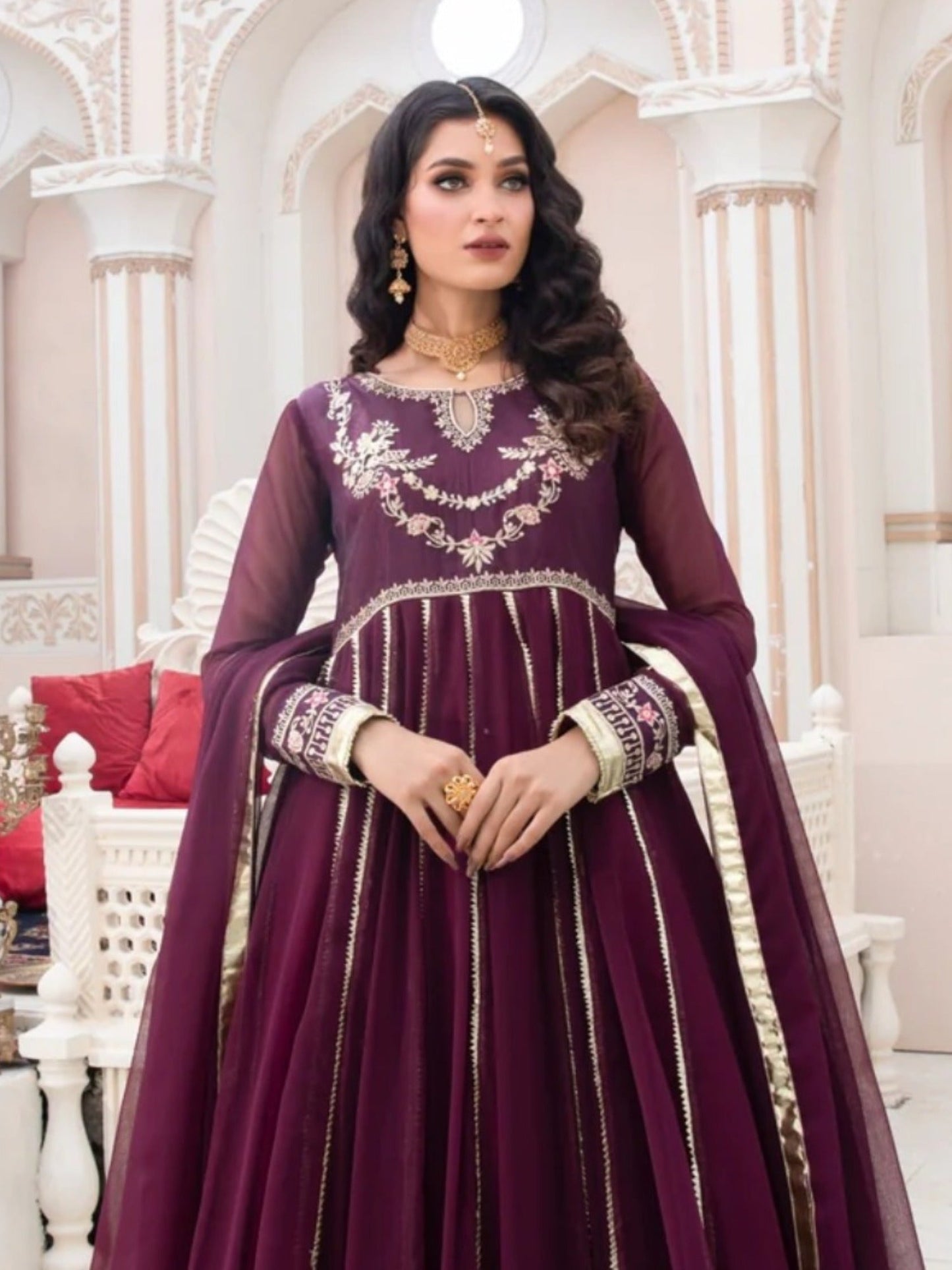 Purple Hani & Umaima Chiffon Embroidered Stitched 2-Piece Suit-Jamni