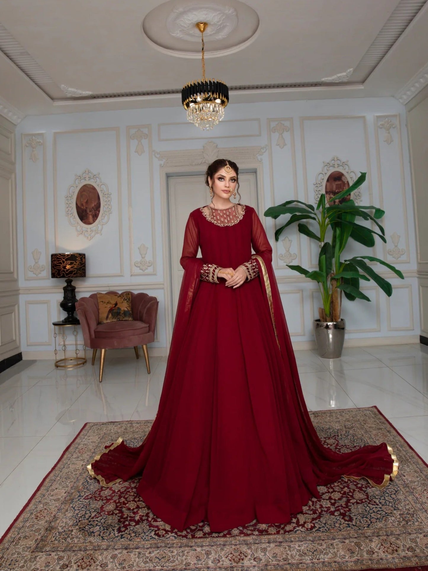 Maroon Hani & Umaima Chiffon Embroidered Stitched 2-Piece Suit-Roop