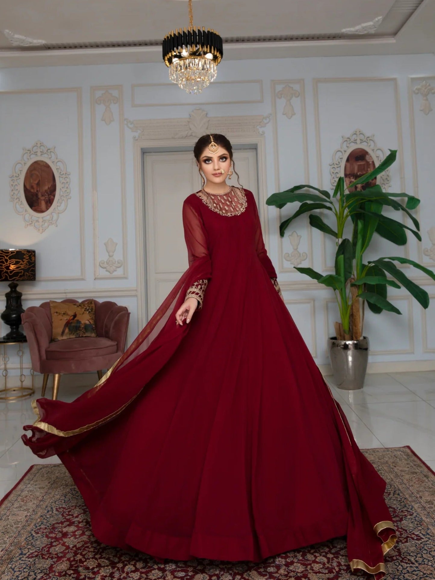 Maroon Hani & Umaima Chiffon Embroidered Stitched 2-Piece Suit-Roop