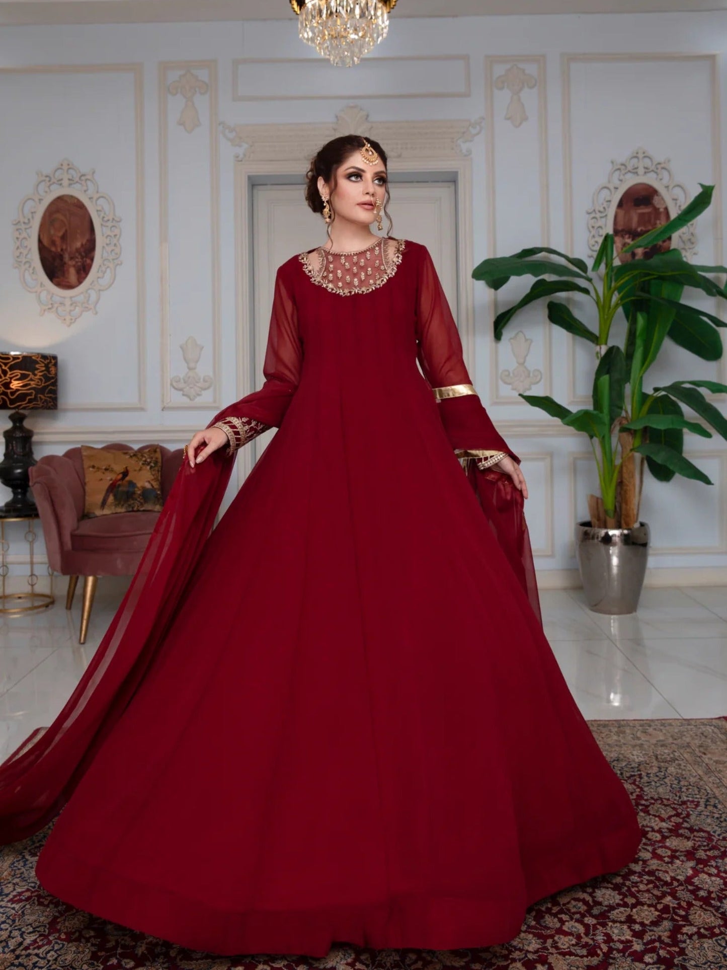Maroon Hani & Umaima Chiffon Embroidered Stitched 2-Piece Suit-Roop