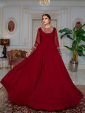 Maroon Hani & Umaima Chiffon Embroidered Stitched 2-Piece Suit-Roop