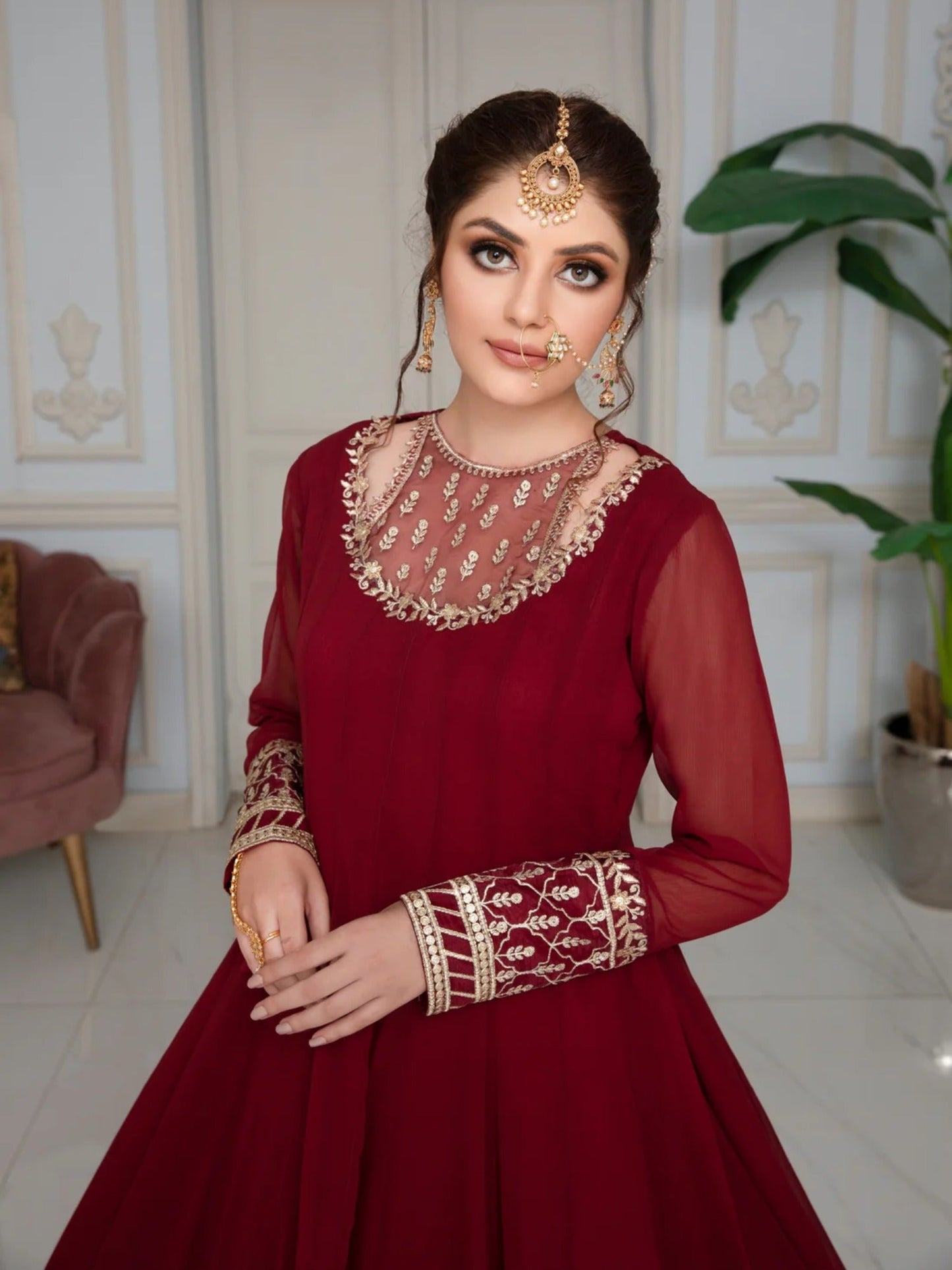 Maroon Hani & Umaima Chiffon Embroidered Stitched 2-Piece Suit-Roop