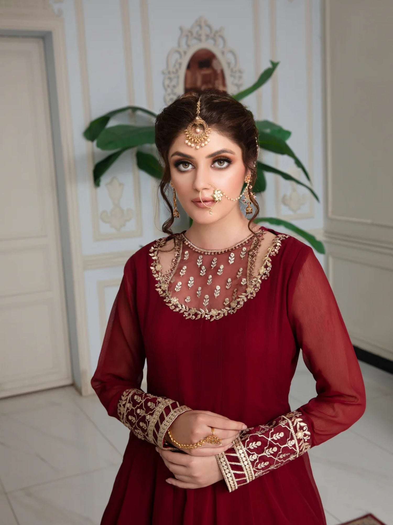 Maroon Hani & Umaima Chiffon Embroidered Stitched 2-Piece Suit-Roop