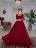 Maroon Hani & Umaima Chiffon Embroidered Stitched 2-Piece Suit-Roop